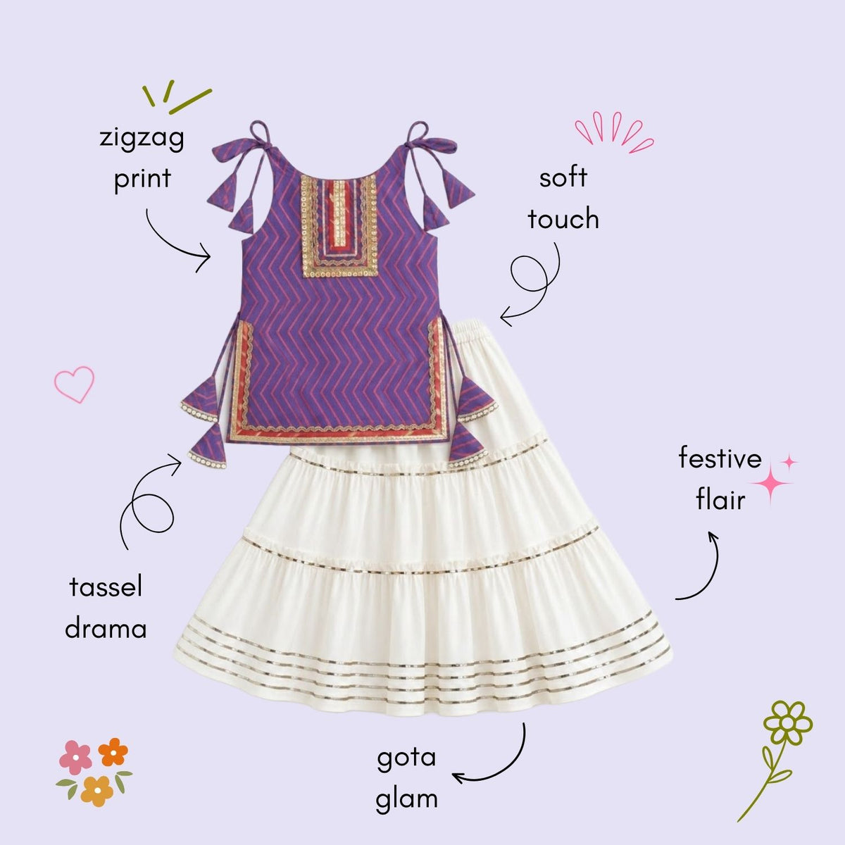 The Magic Wand Cotton Woven Cambric Zig Zag Printed Laced And Tassel Detail Shoulder Tie-Up Kurti And Rayon Skirt Set - Purple