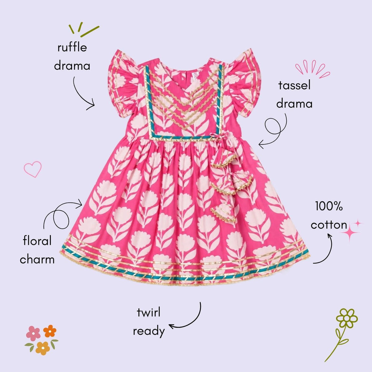 The Magic Wand Cotton Woven Cambric Ruffle Sleeves Floral Printed Tassel Detail Laced Ethnic Dress - Pink