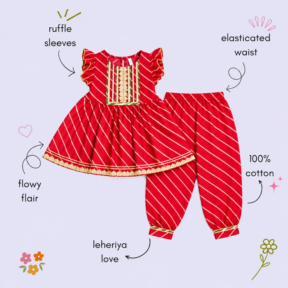 The Magic Wand Cotton Woven Cambric Ruffle Sleeves Leheriya Printed Laced Kurti And Afghani Pant Set - Red