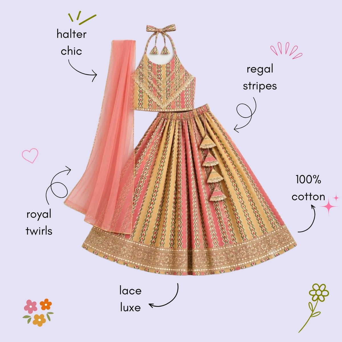 The Magic Wand Cotton Woven Cambric Ethnic Chevron Printed Laced Halter Neck Choli And Lehenga Set With Dupatta - Peach
