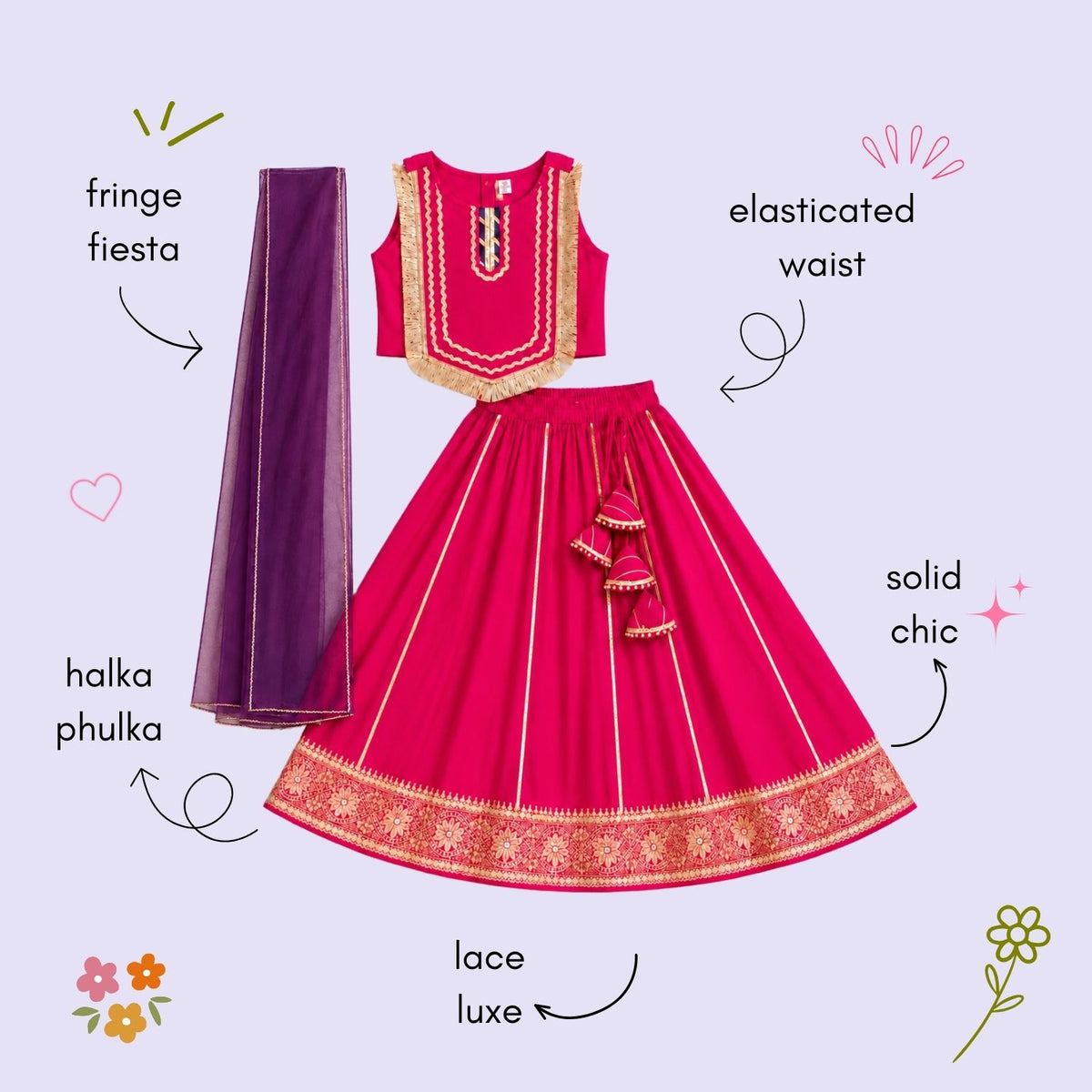 The Magic Wand Woven Sleeveless Fringe Laced Top And Paneled Lehenga Set With Dupatta - Fuschia