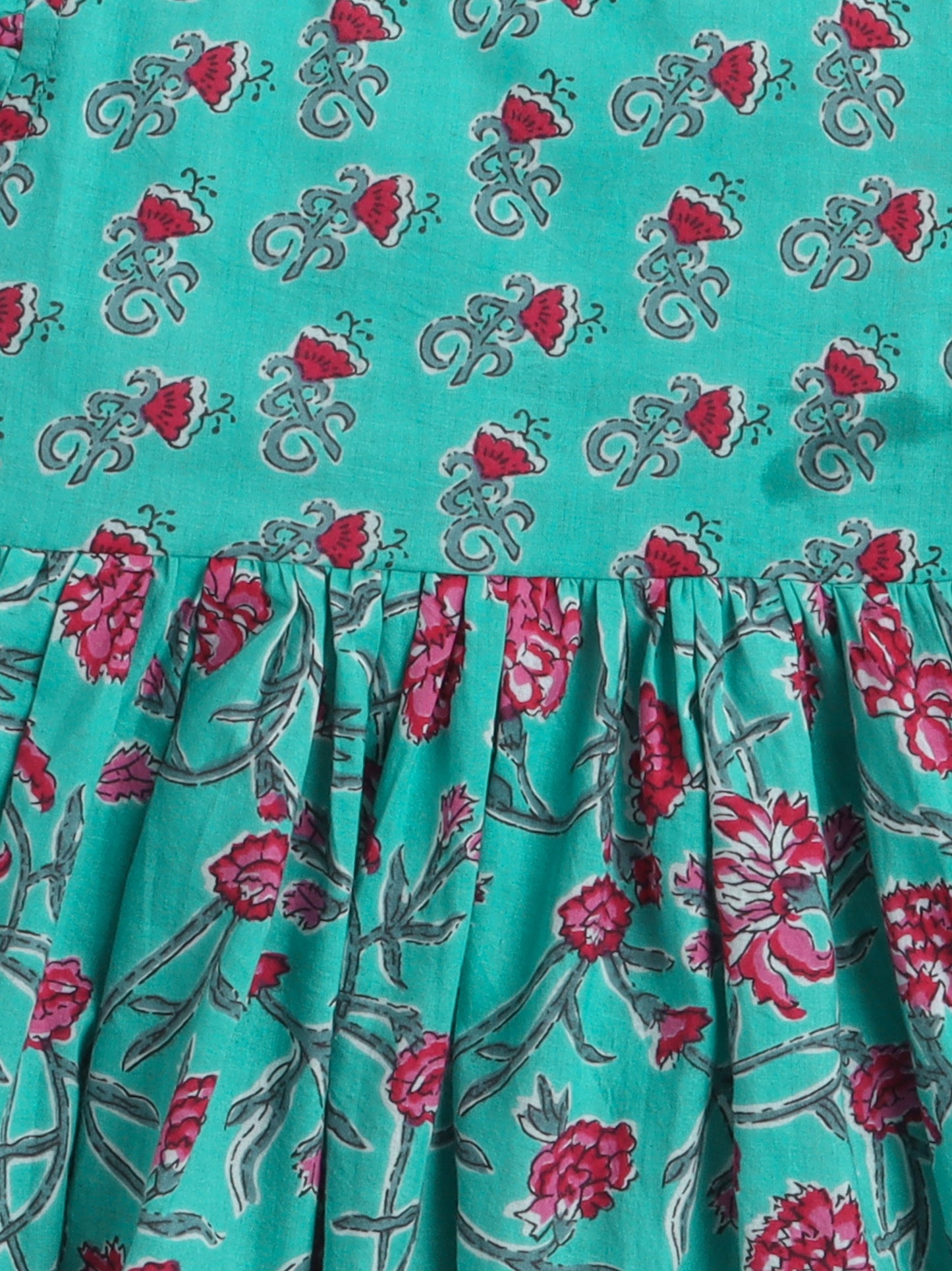 The Magic Wand Floral Printed Tiered Dress For Girls With Ruffles Sleeves-Green