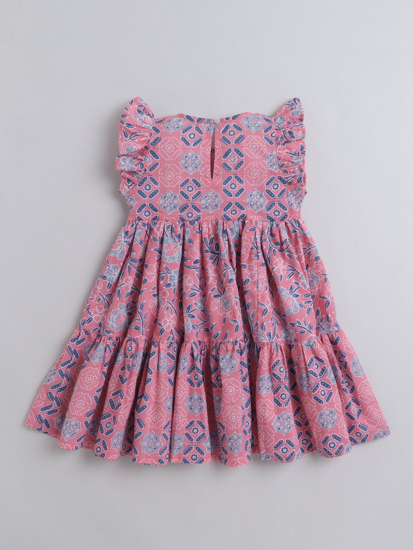 The Magic Wand Graphic Printed Tiered Dress For Girls With Ruffles at Sleeves Pink