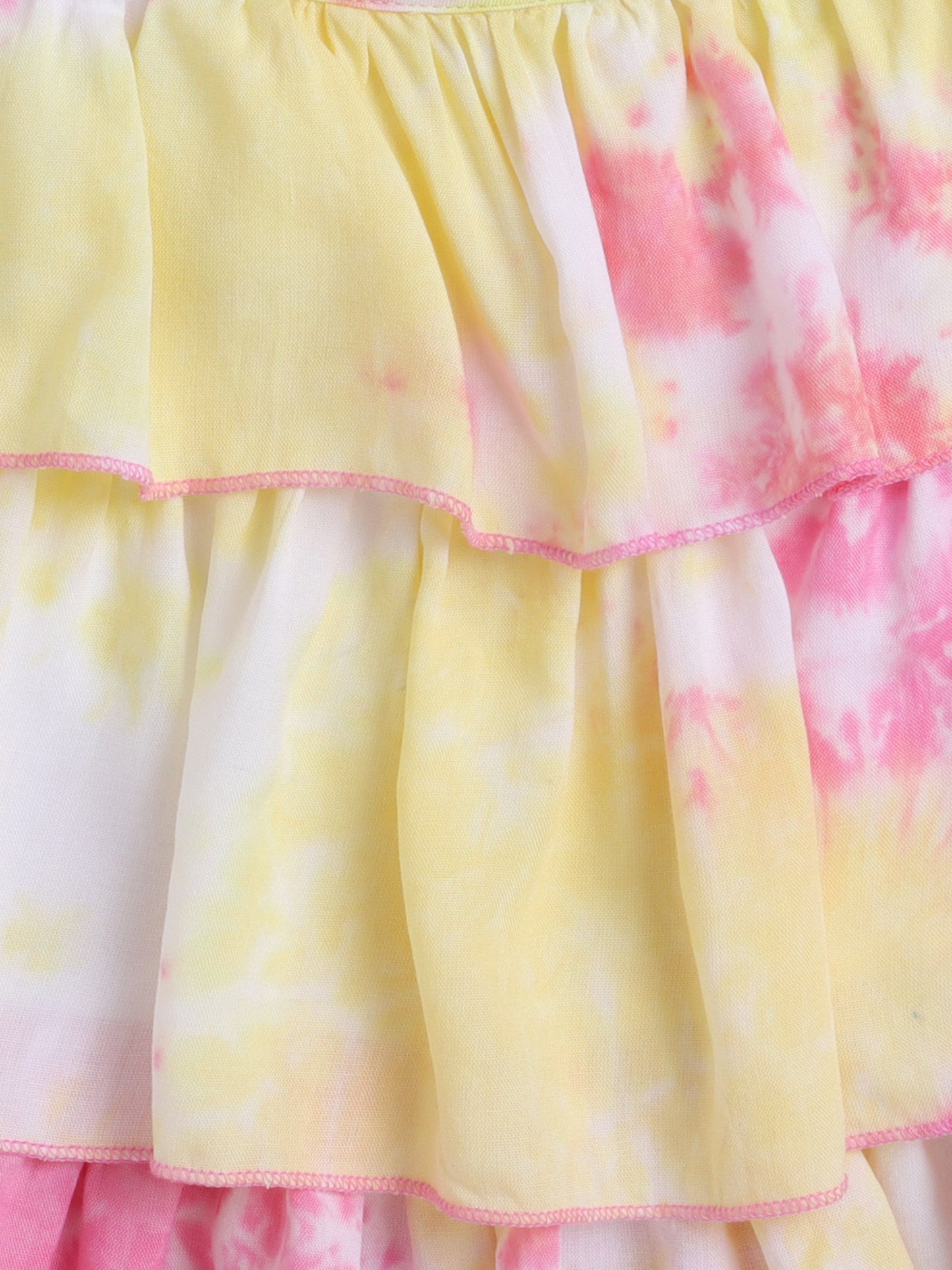 Tie & Dye Printed Rayon Sleeveless Tiered Tops - Pink, Yellow