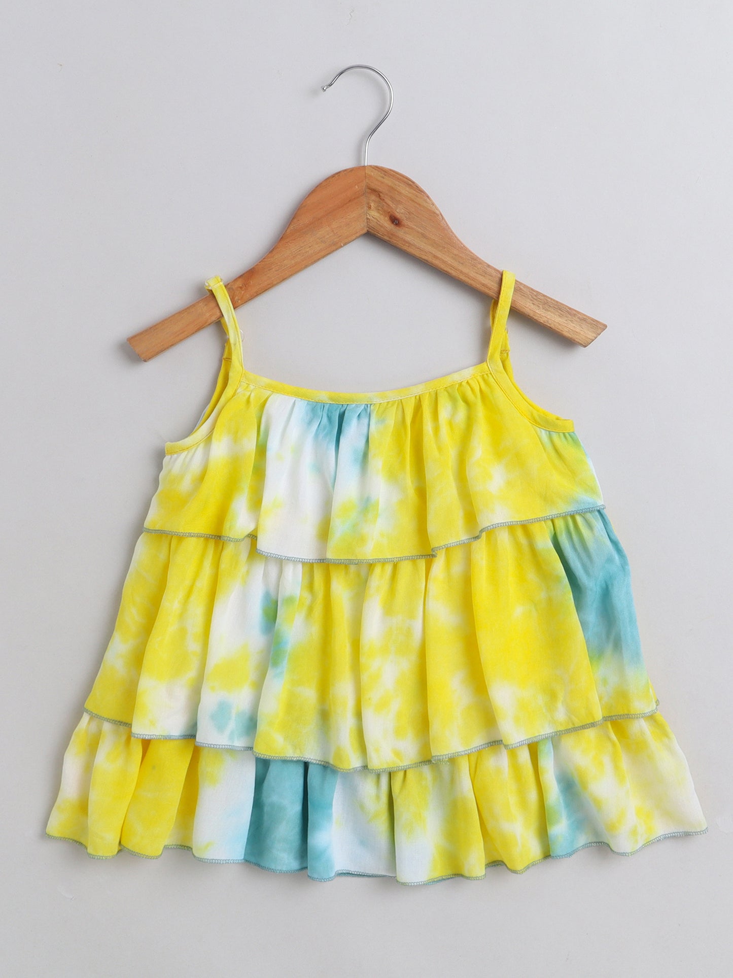 - Tie & Dye Printed Sleeveless Tiered Tops For Girls - Yellow, Blue