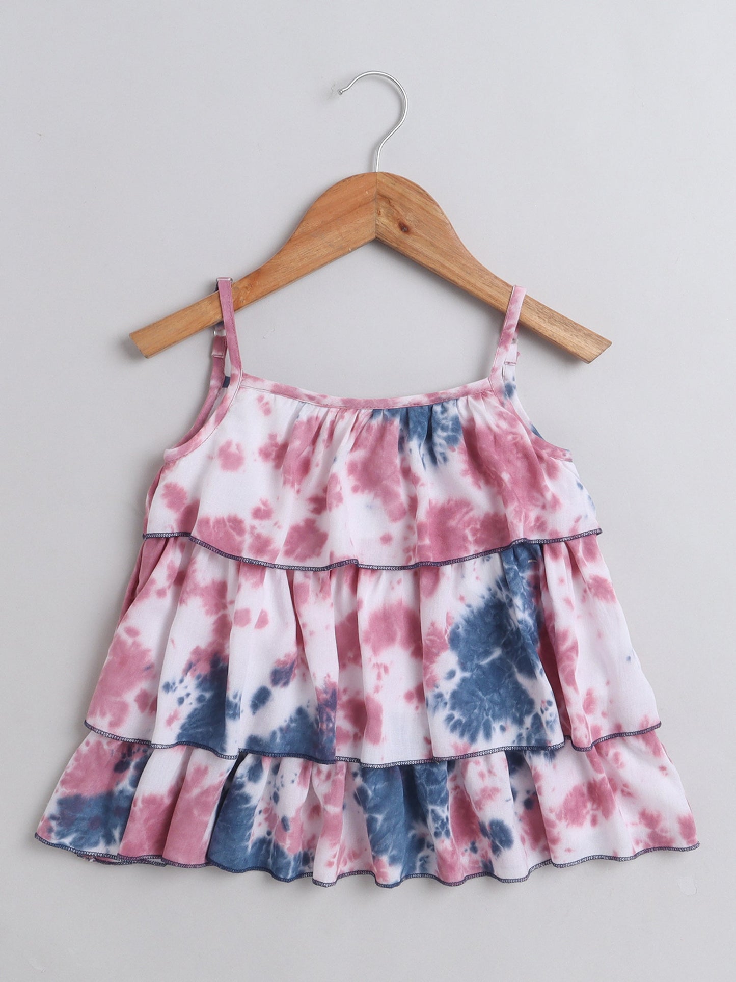 The Magic Wand Tie & Dye Printed Sleeveless Tiered Tops For Girls Pink