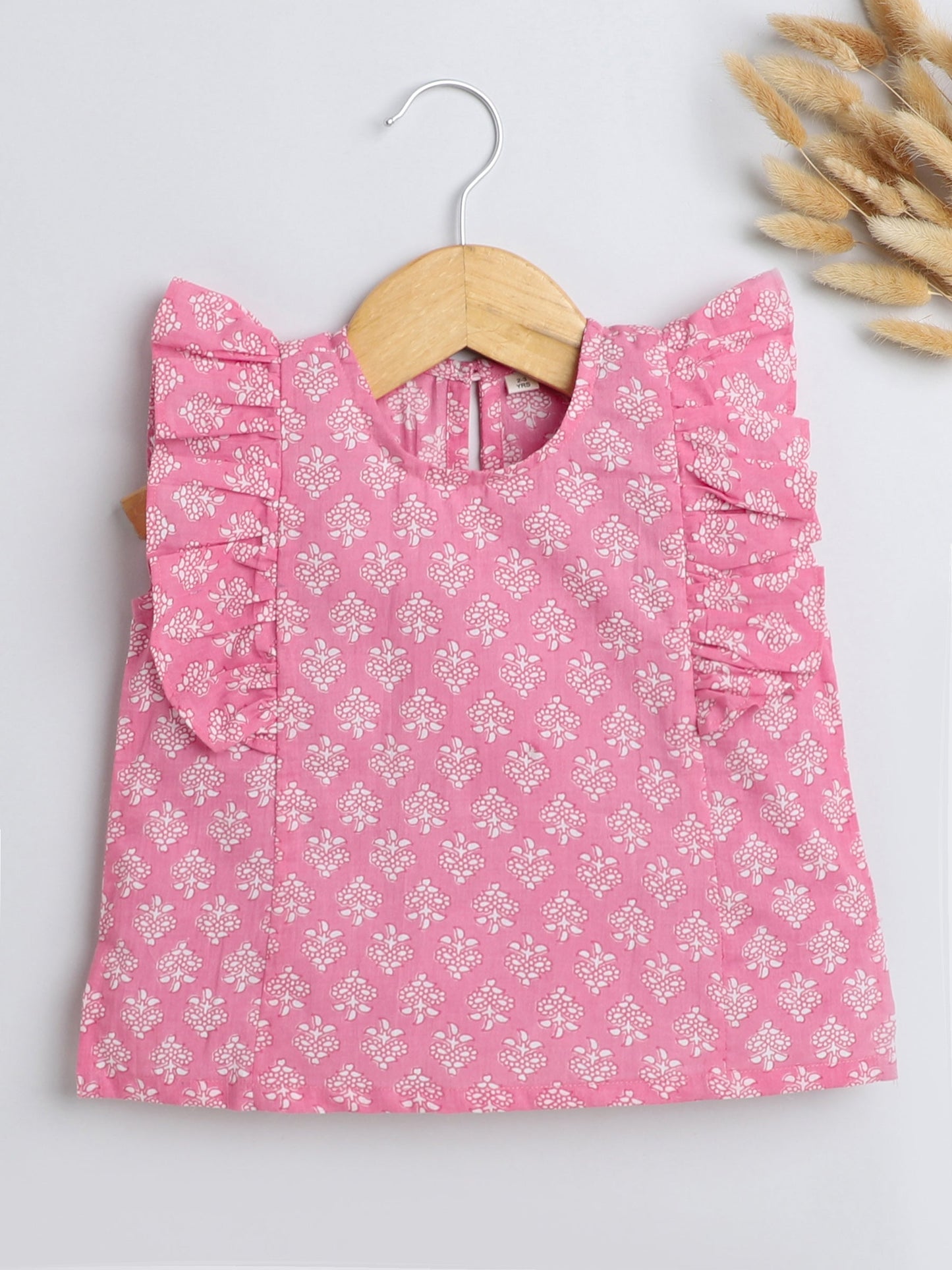 The Magic Wand Floral Printed Cotton Sustainable and Comfortable Ruffle Sleeves Top For Girls Pink