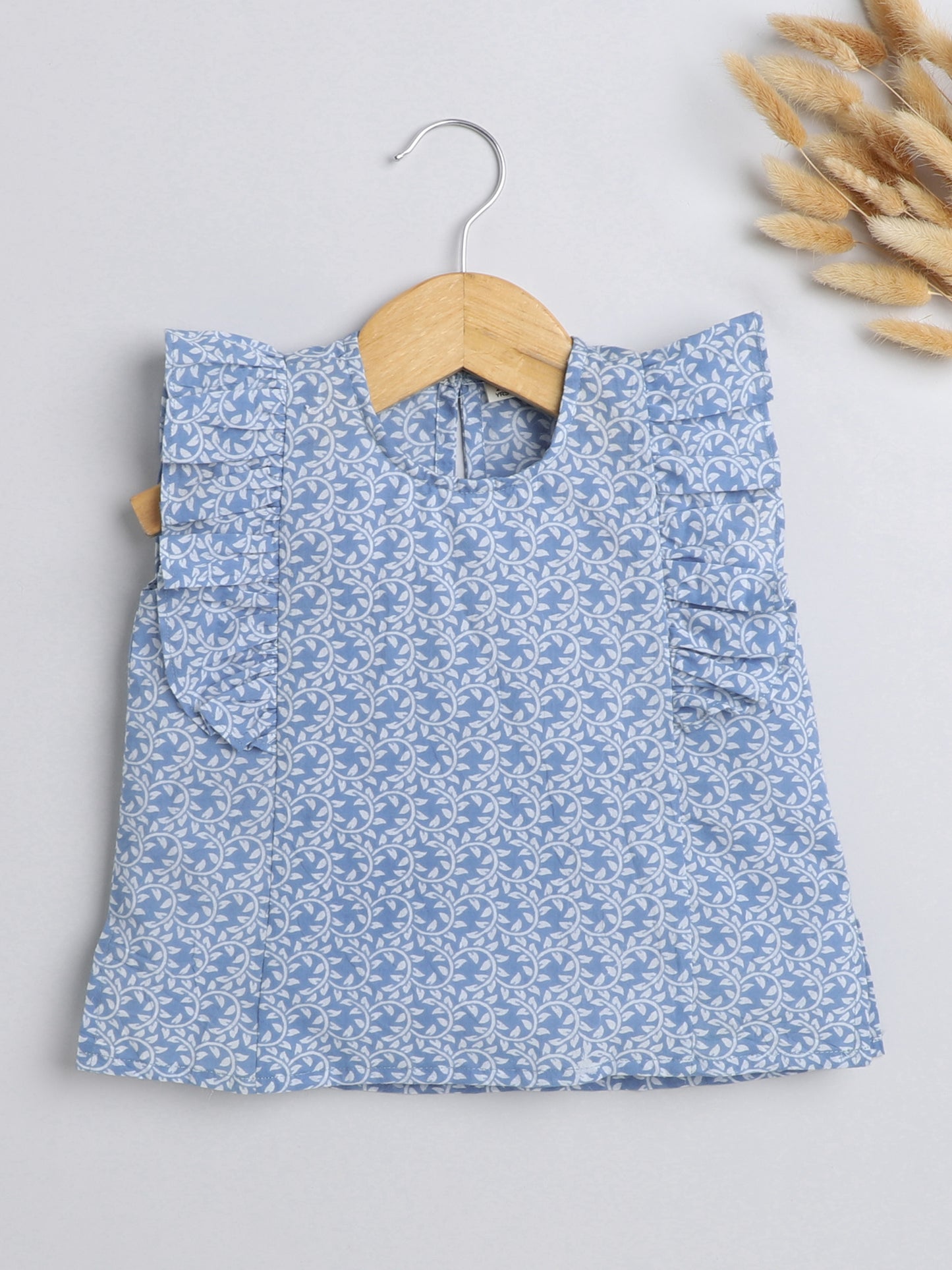 Floral Printed Cotton Sustainable and Comfortable Ruffle Sleeves Top For Girls-Blue