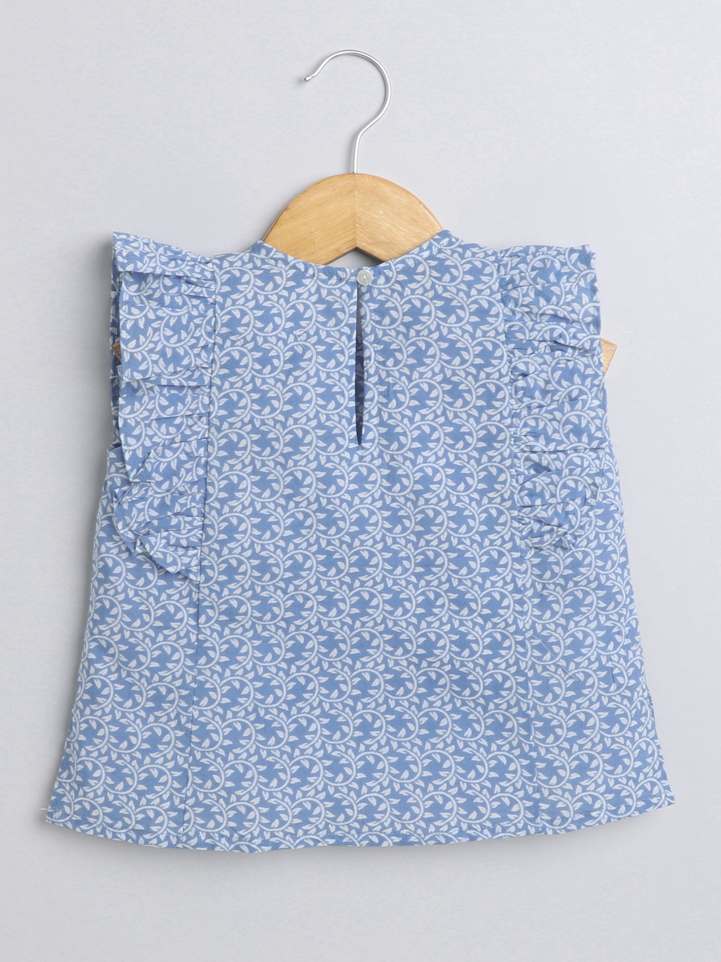 Floral Printed Cotton Sustainable and Comfortable Ruffle Sleeves Top For Girls-Blue