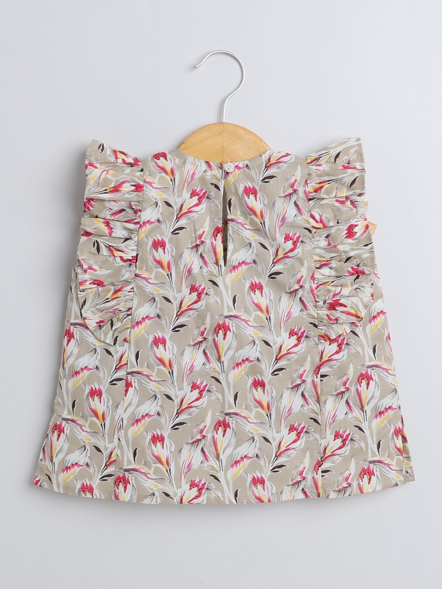 Floral Printed Cotton Sustainable and Comfortable Ruffle Sleeves Top For Girls-Beige