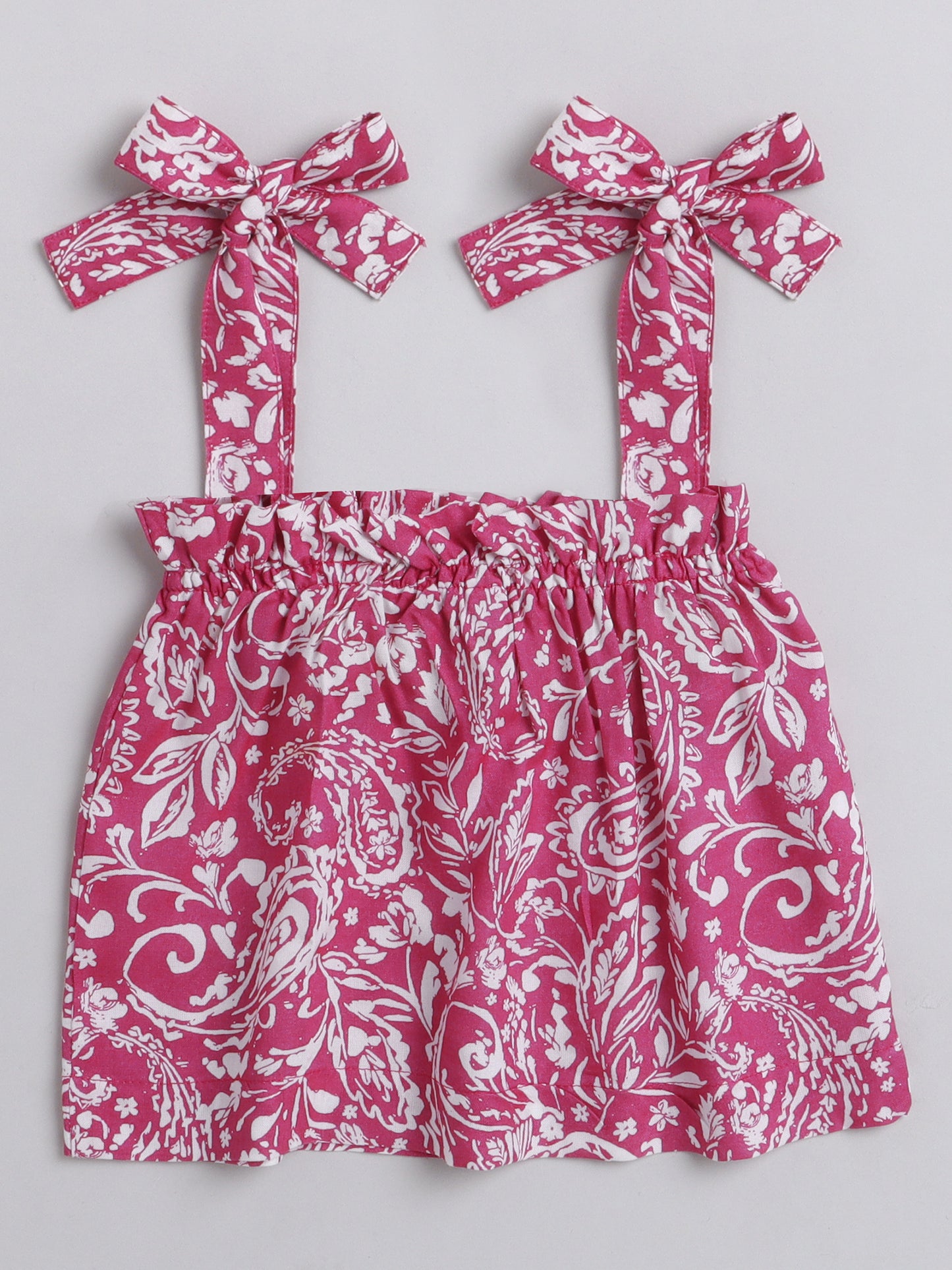Floral Printed Shoulder Straps Singlet Tie Up Knot Top And Shorts Set For Girls Pink