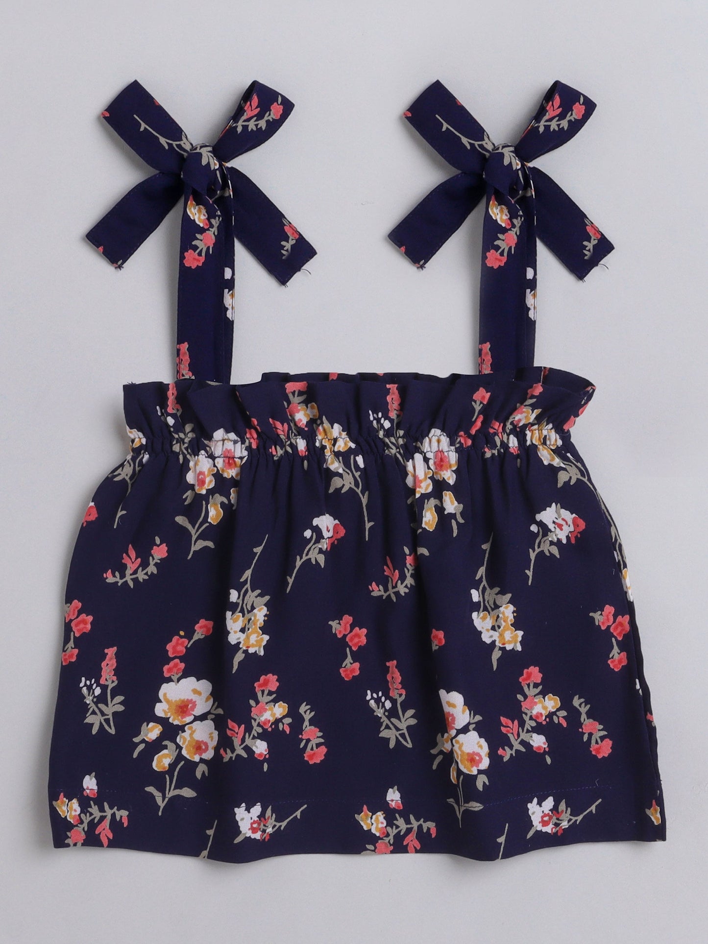 The Magic Wand Floral Printed Shoulder Straps Singlet Tie Up Knot Top And Shorts Set For Girls Navy Blue