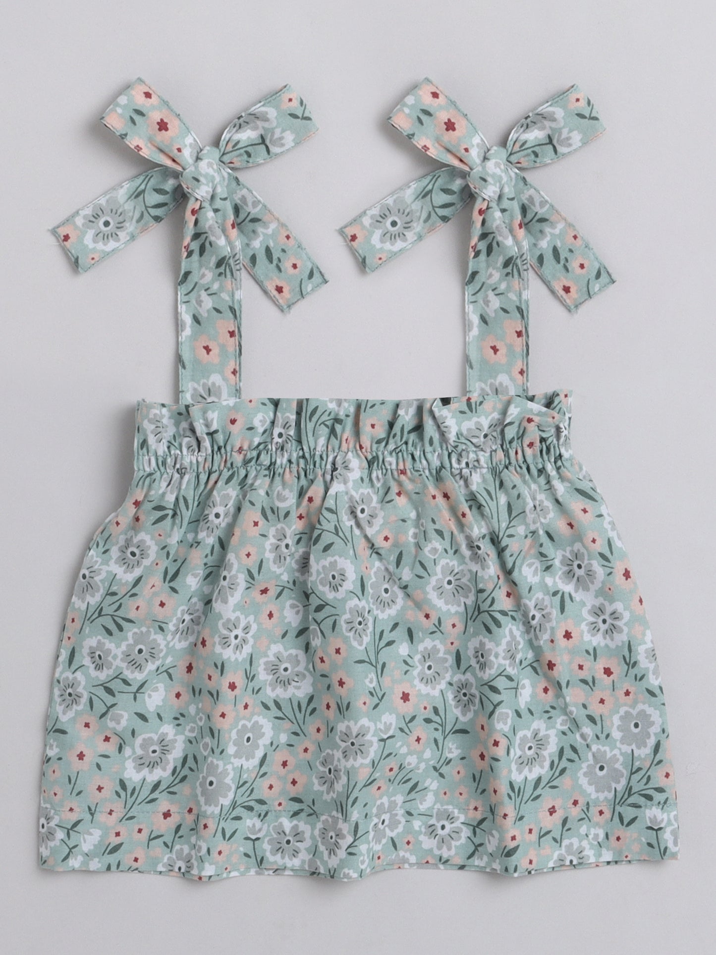 Floral Printed Shoulder Straps Singlet Tie Up Knot Top And Shorts Set For Girls Green