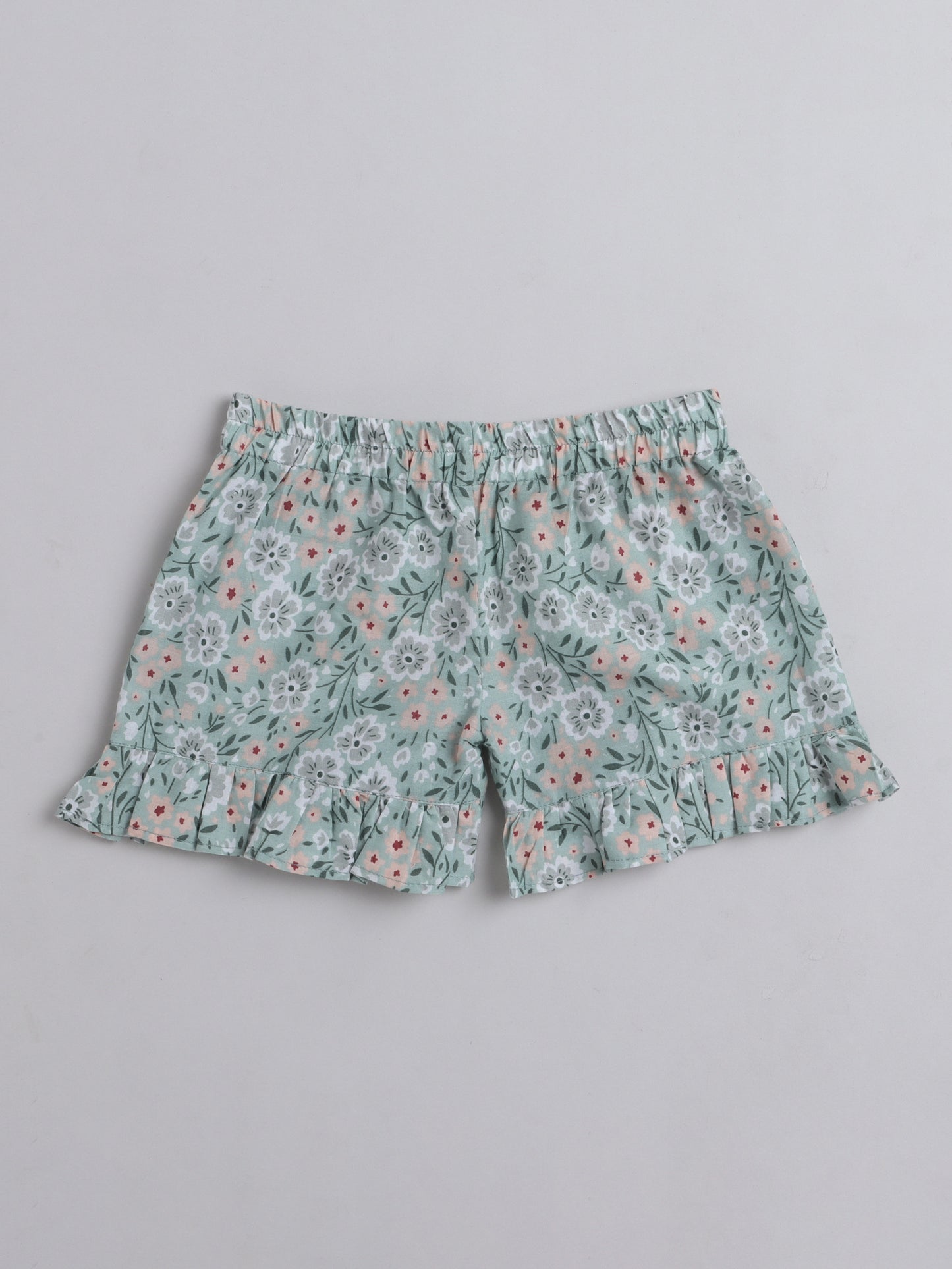 Floral Printed Shoulder Straps Singlet Tie Up Knot Top And Shorts Set For Girls Green