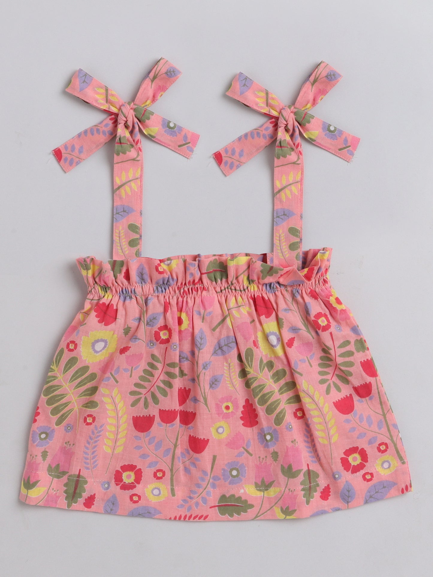 Floral Printed Shoulder Straps Singlet Tie Up Knot Top And Shorts Set For Girls Peach