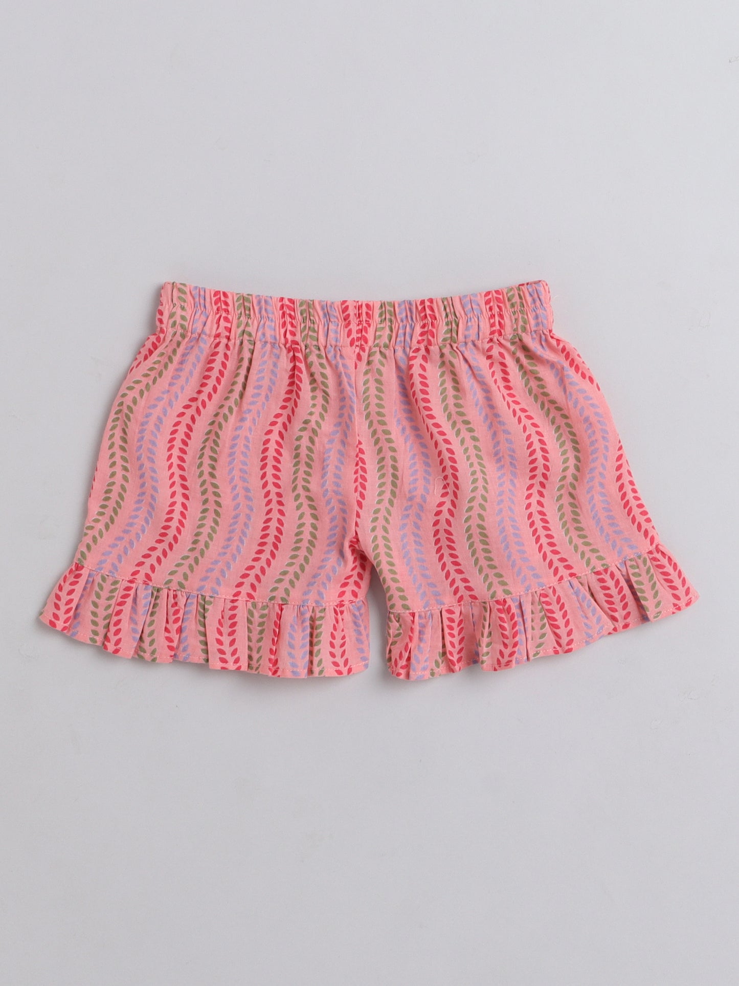 Floral Printed Shoulder Straps Singlet Tie Up Knot Top And Shorts Set For Girls Peach