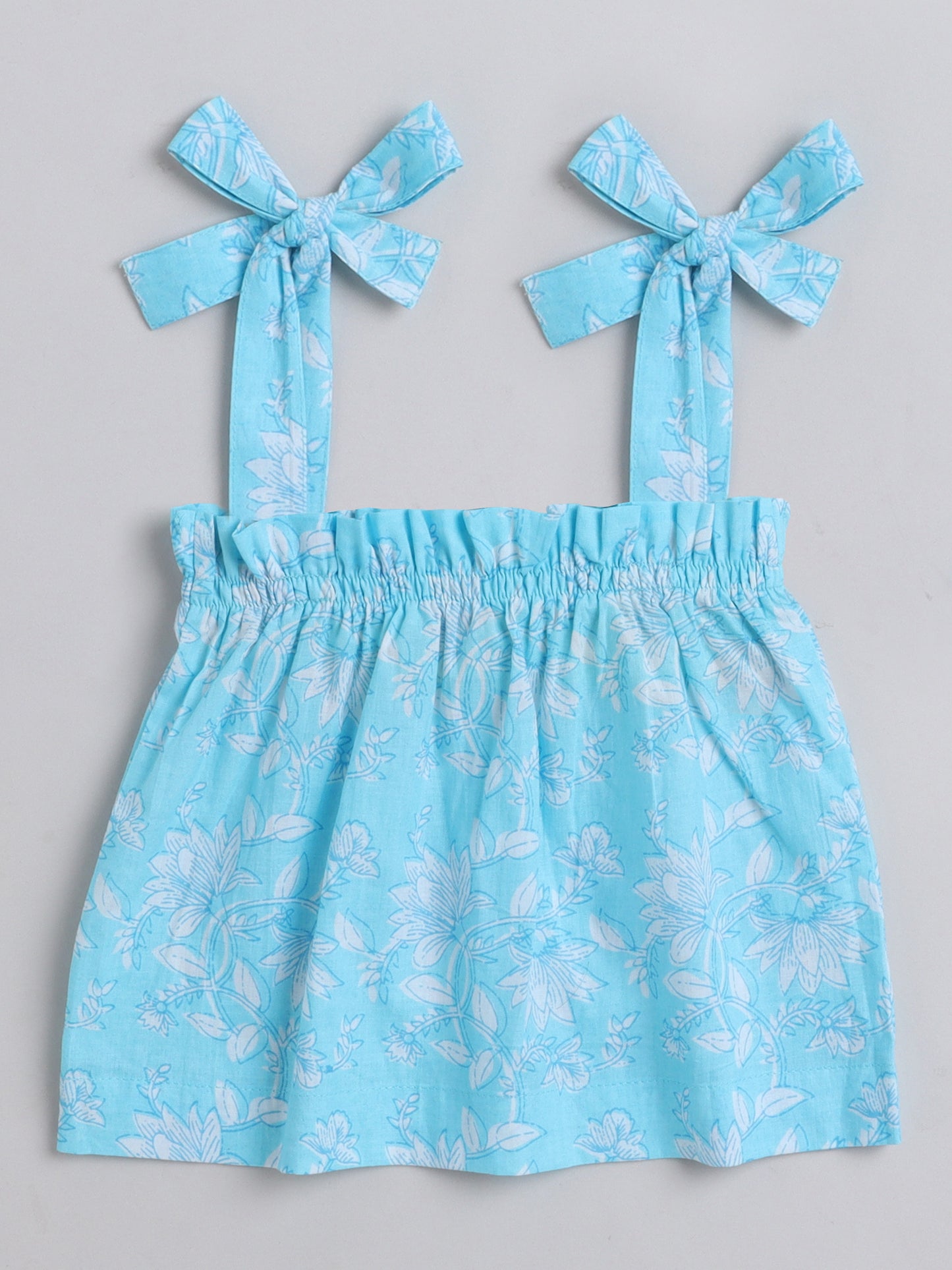 Floral Printed Shoulder Straps Singlet Tie Up Knot Top And Shorts Set For Girls T.Blue