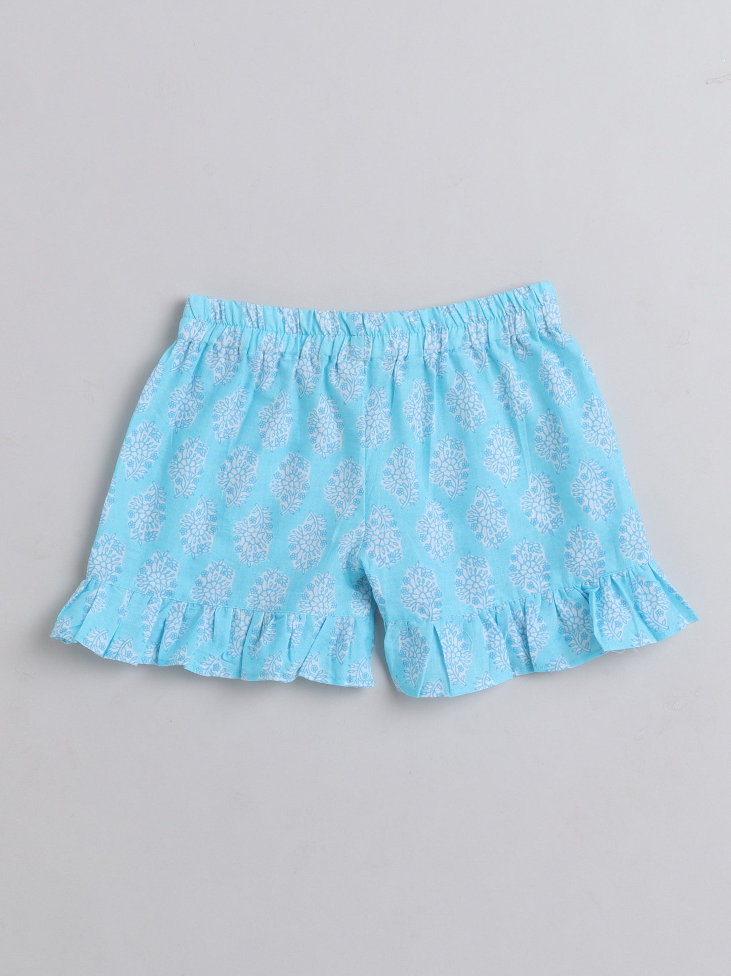 Floral Printed Shoulder Straps Singlet Tie Up Knot Top And Shorts Set For Girls T.Blue
