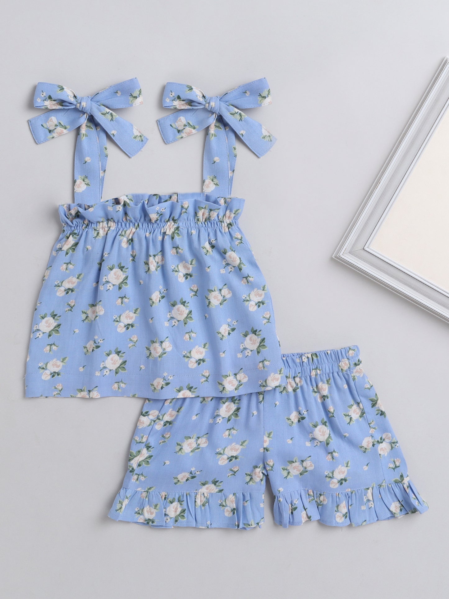 Floral Printed Shoulder Straps Singlet Tie Up Knot Top And Shorts Set For Girls-Blue