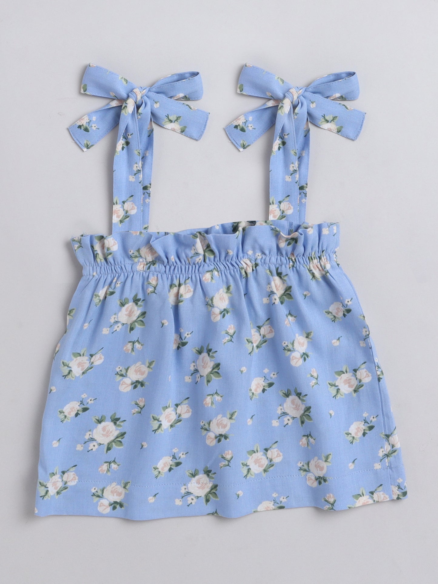 Floral Printed Shoulder Straps Singlet Tie Up Knot Top And Shorts Set For Girls-Blue