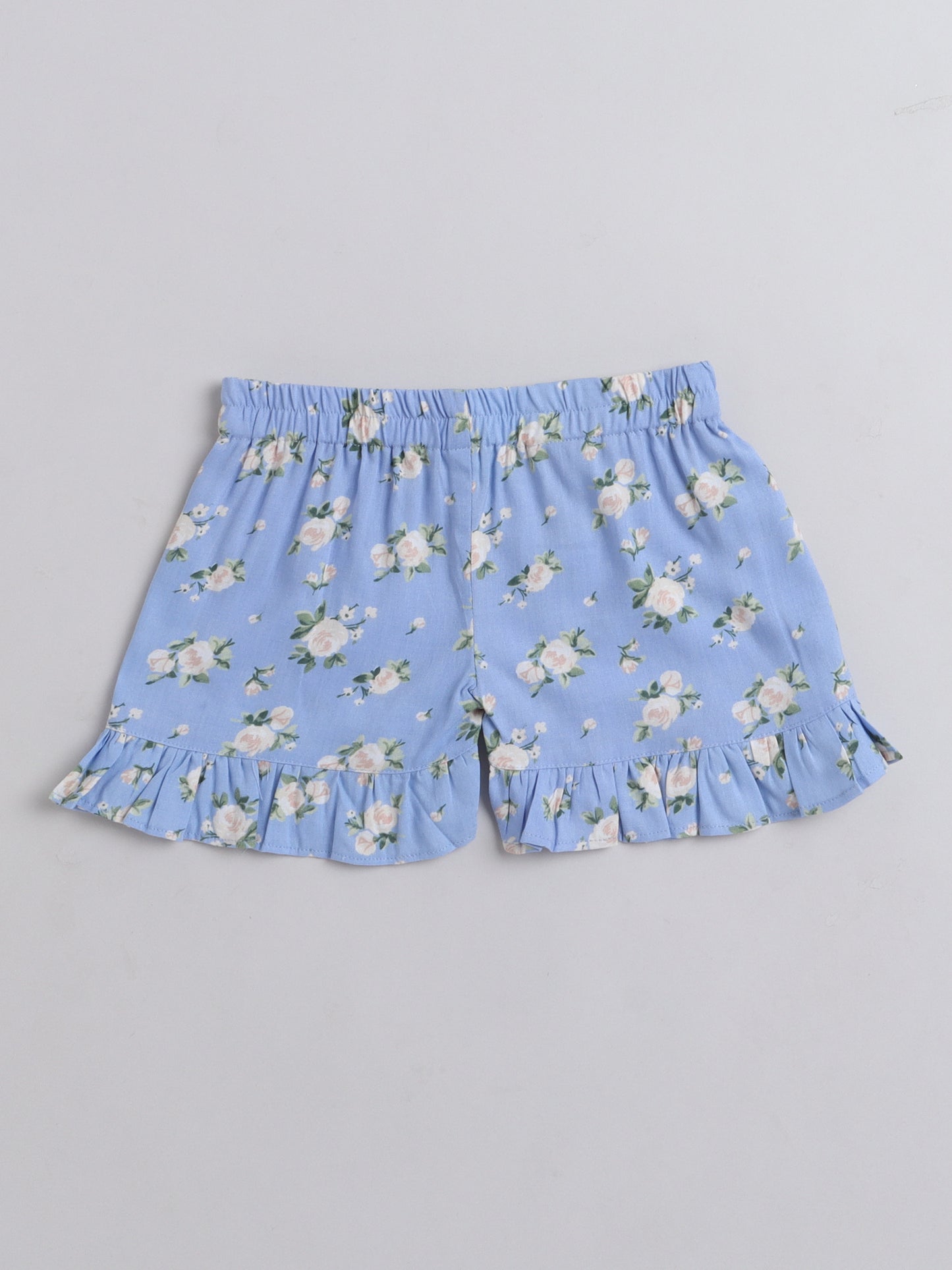 Floral Printed Shoulder Straps Singlet Tie Up Knot Top And Shorts Set For Girls-Blue