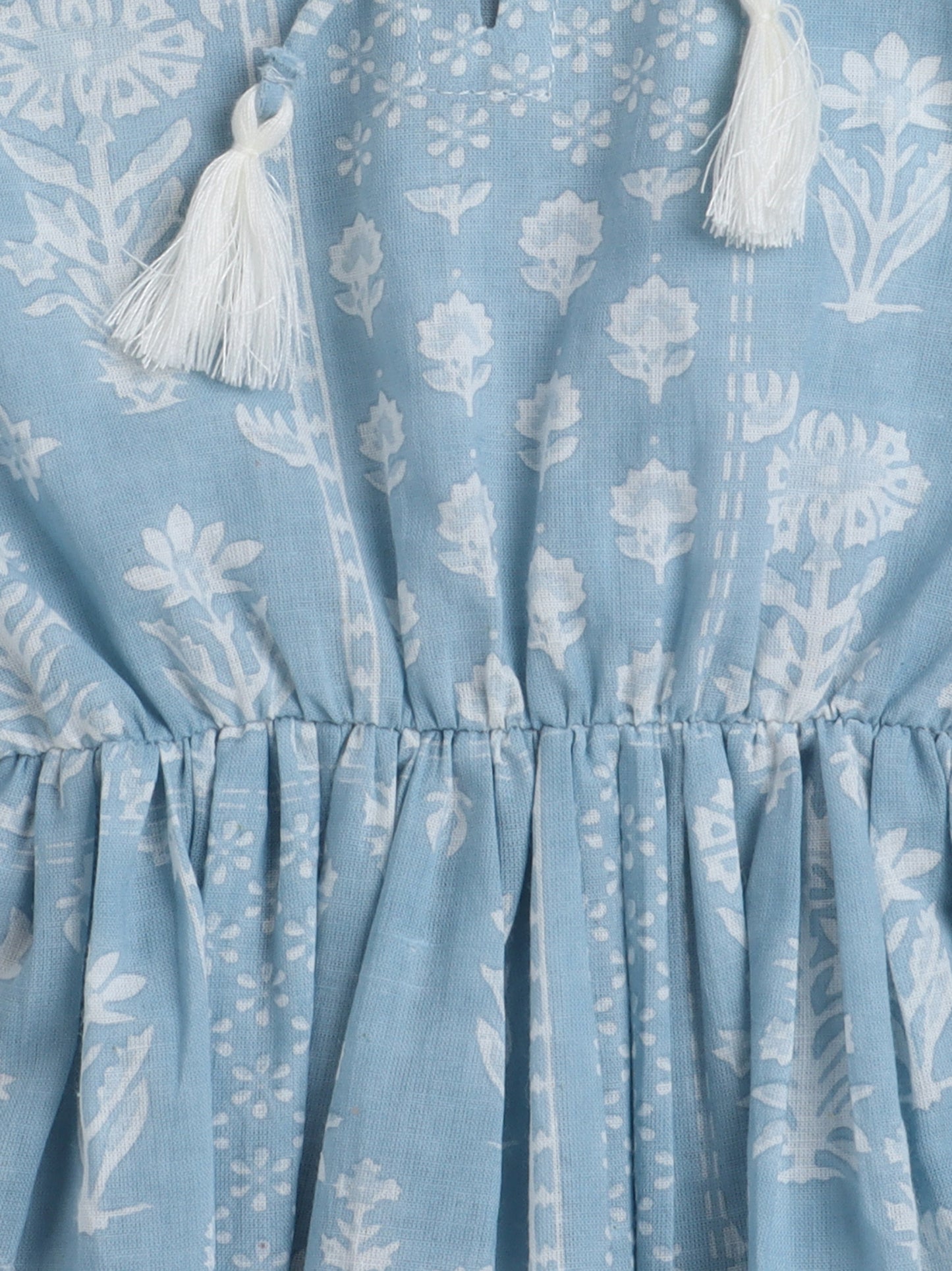 Floral Printed Cotton Gathered 3/4 Sleeves Round Neck Top With Tassels -Blue