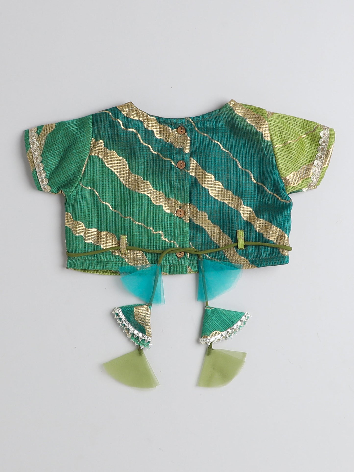 The Magic Wand Kota Doria Lace Embellished Short Sleeves Choli With Lehenga And Dupatta Set For Girls Green
