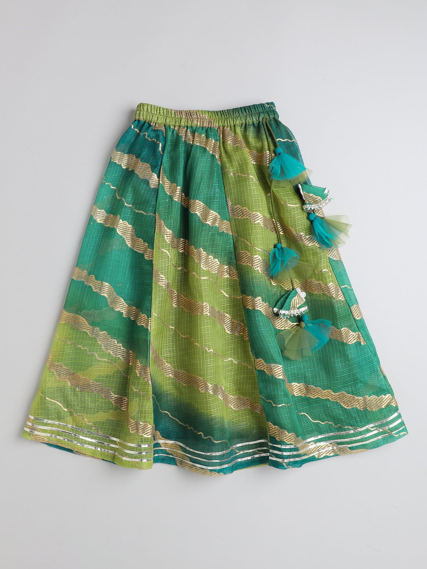 The Magic Wand Kota Doria Lace Embellished Short Sleeves Choli With Lehenga And Dupatta Set For Girls Green