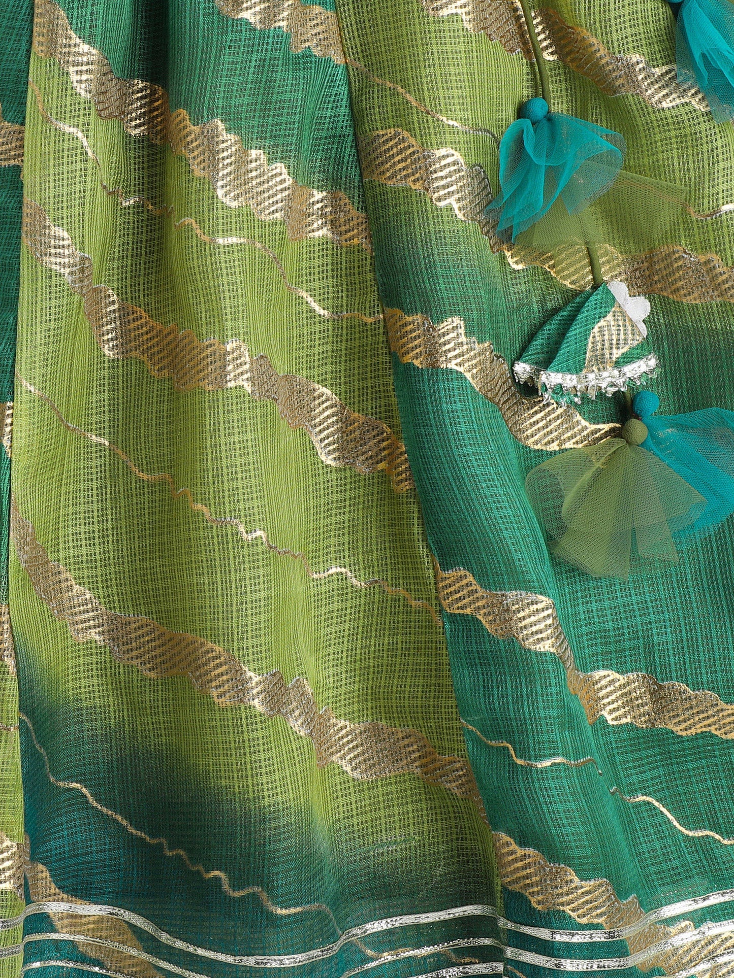 The Magic Wand Kota Doria Lace Embellished Short Sleeves Choli With Lehenga And Dupatta Set For Girls Green
