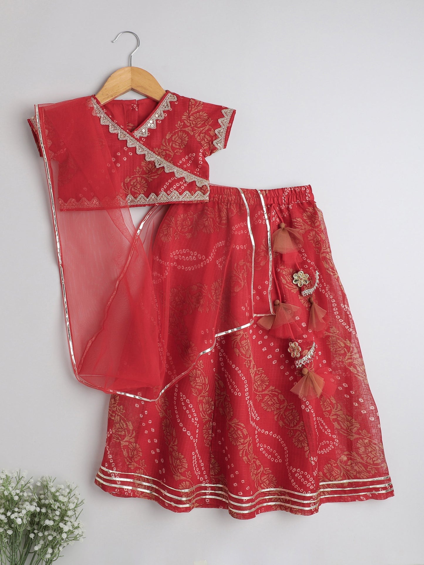 The Magic Wand Kota Doria Lace Embellished Short Sleeves Choli With Lehenga And Dupatta Set For Girls Red