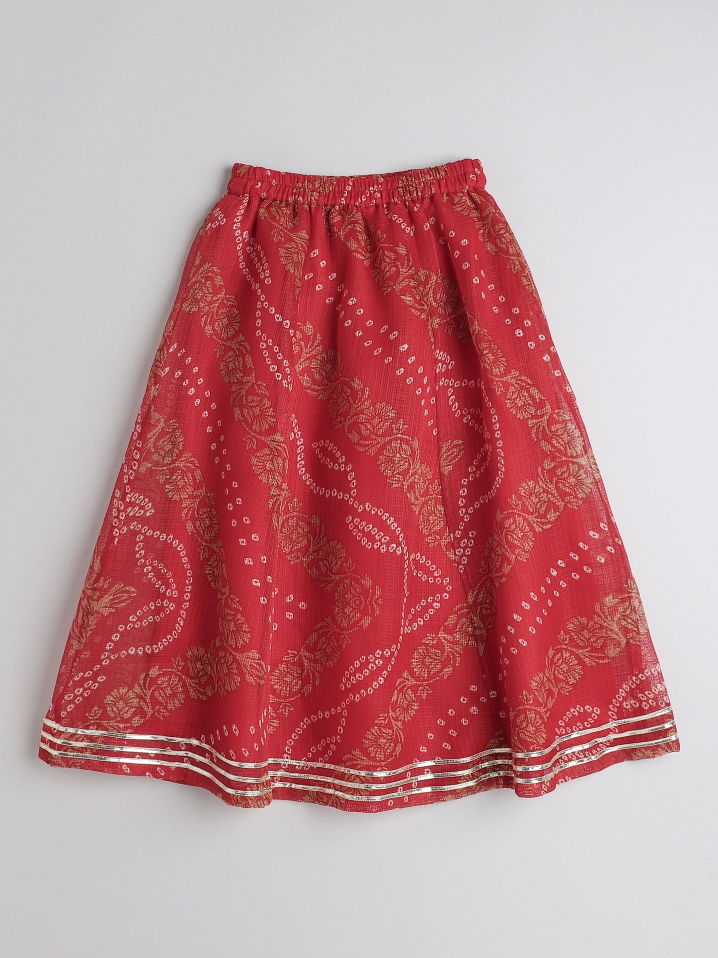 The Magic Wand Kota Doria Lace Embellished Short Sleeves Choli With Lehenga And Dupatta Set For Girls Red