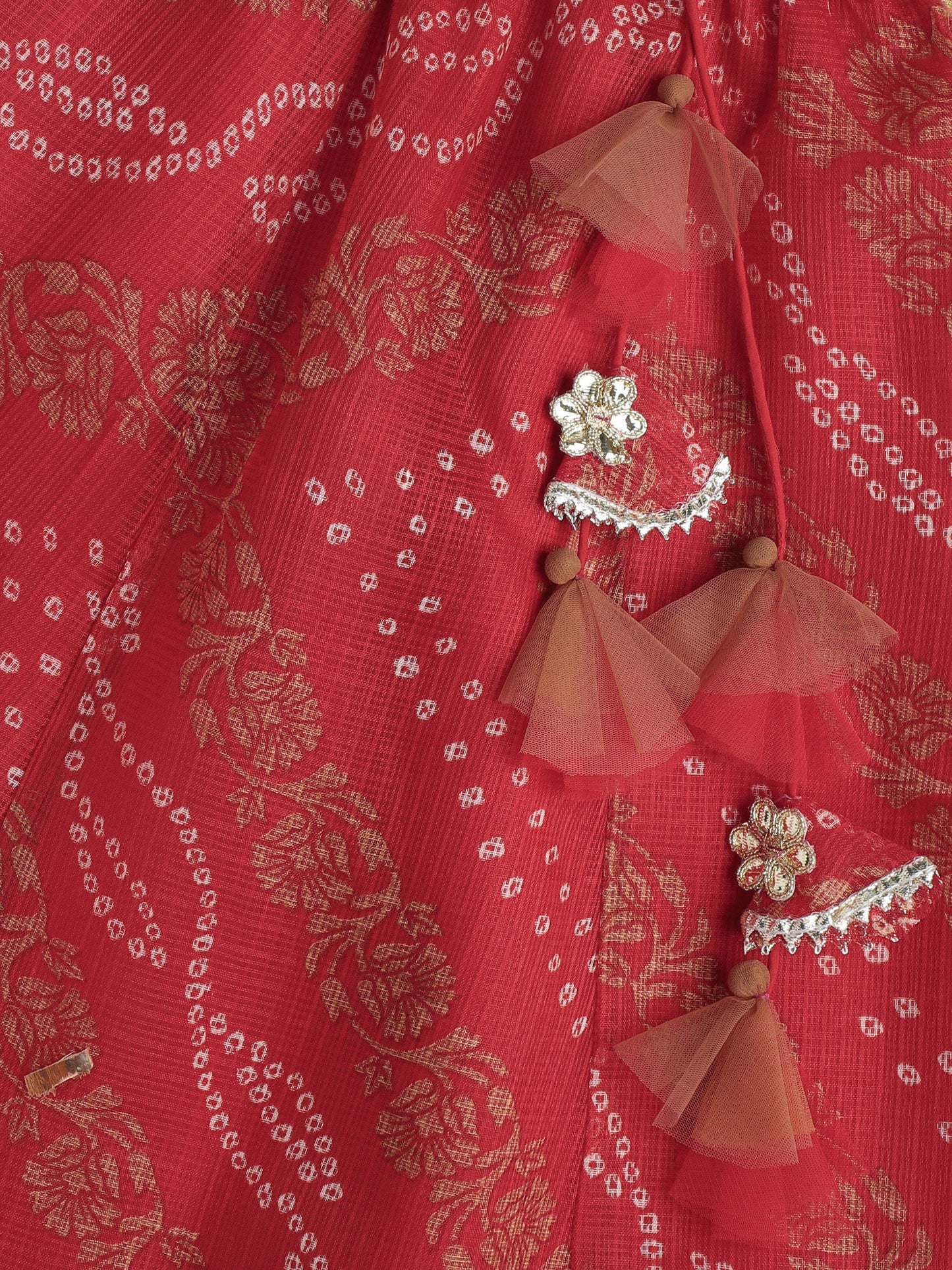 Kota Doria Lace Embellished Short Sleeves Choli With Lehenga And Dupatta Set - Red