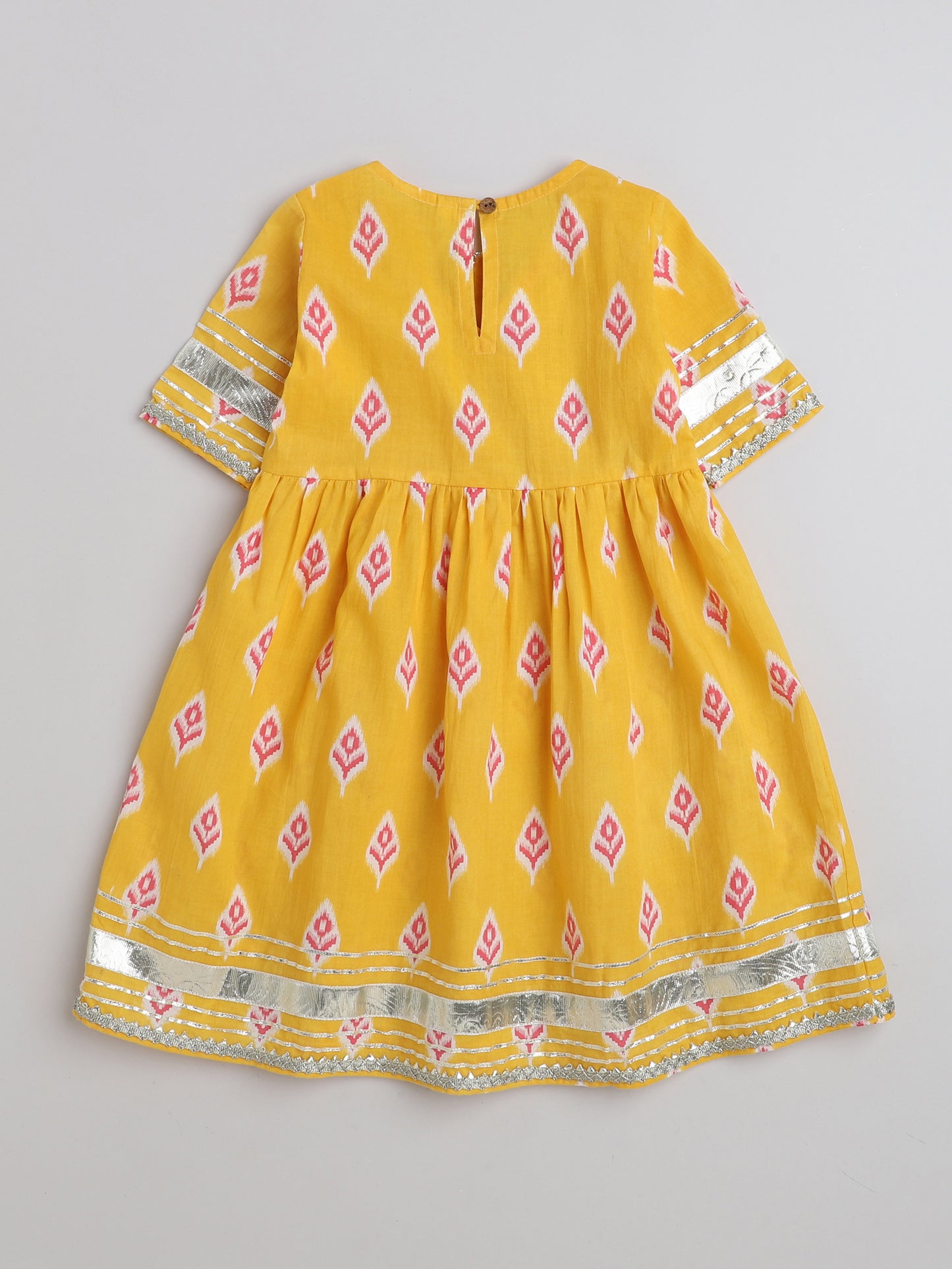 Ikat Printed Short Sleeve Tassled Gathered Aliya Cut Kurta with Straight Pants-Yellow