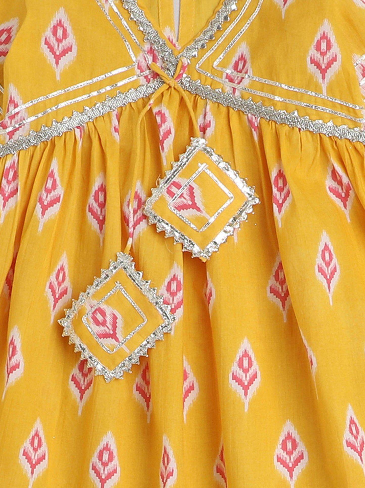 Ikat Printed Short Sleeve Tassled Gathered Aliya Cut Kurta with Straight Pants-Yellow