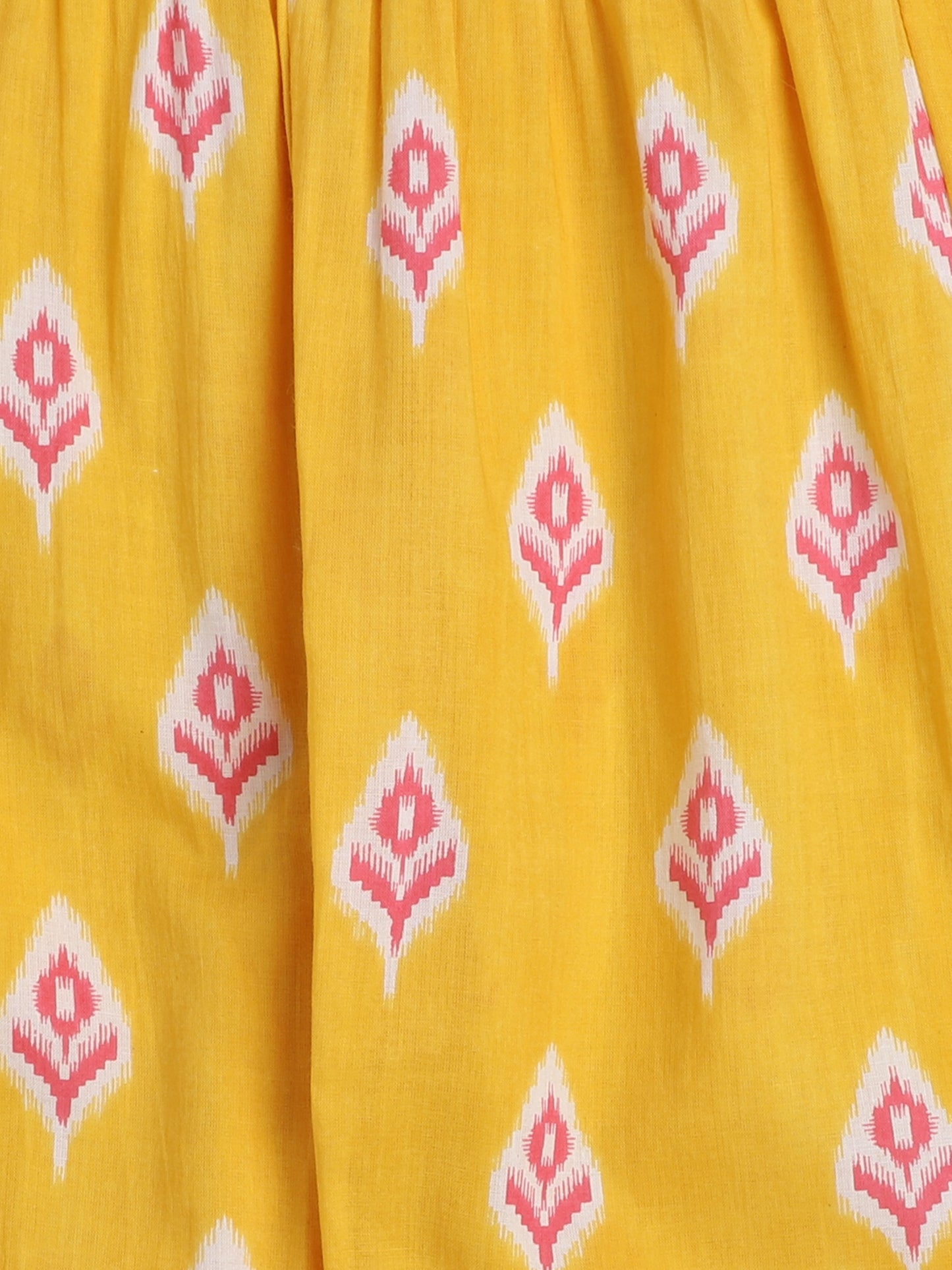 Ikat Printed Short Sleeve Tassled Gathered Aliya Cut Kurta with Straight Pants-Yellow