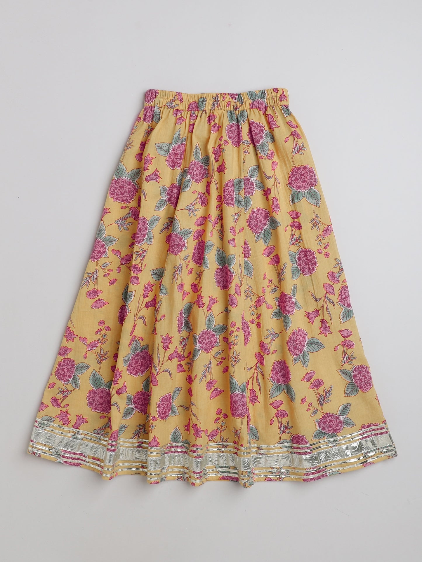 Floral Printed Gota Lace Detailing Short Sleeves Choli With Tassels Embelished Lehenga And Dupatta Set For Girls-Yellow