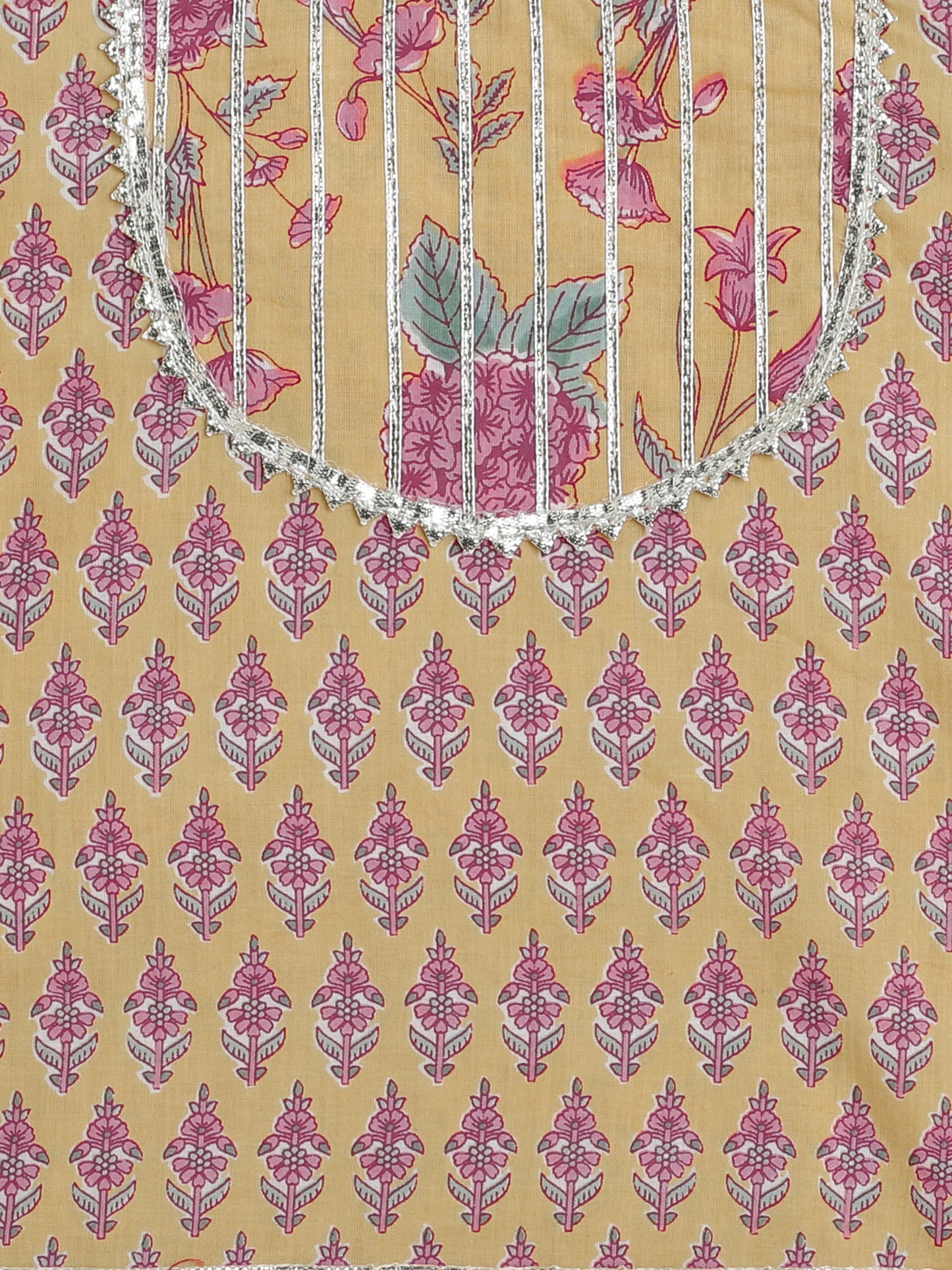 Floral Printed Gota Lace Detailing Short Sleeves Choli With Tassels Embelished Lehenga And Dupatta Set For Girls-Yellow