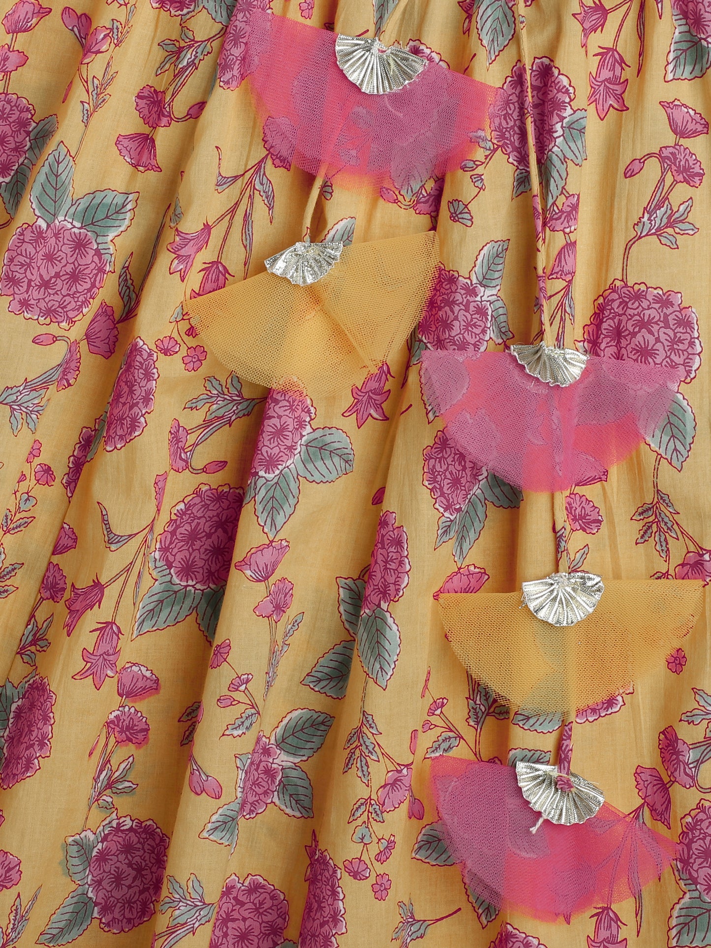 Floral Printed Gota Lace Detailing Short Sleeves Choli With Tassels Embelished Lehenga And Dupatta Set For Girls-Yellow
