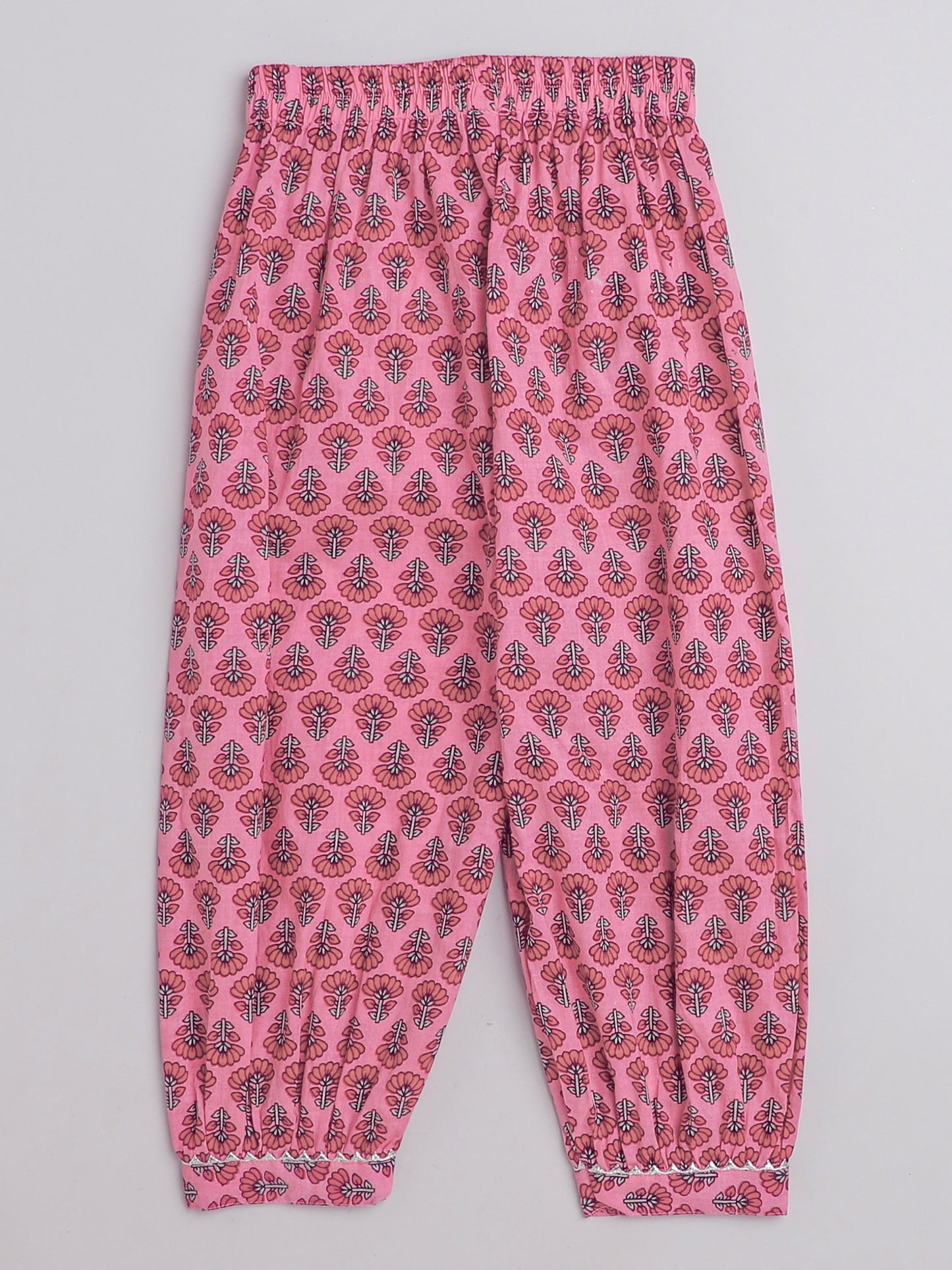 All Over Printed Sleeveless Gathered Top With Afhgani Pants For Girls-Pink