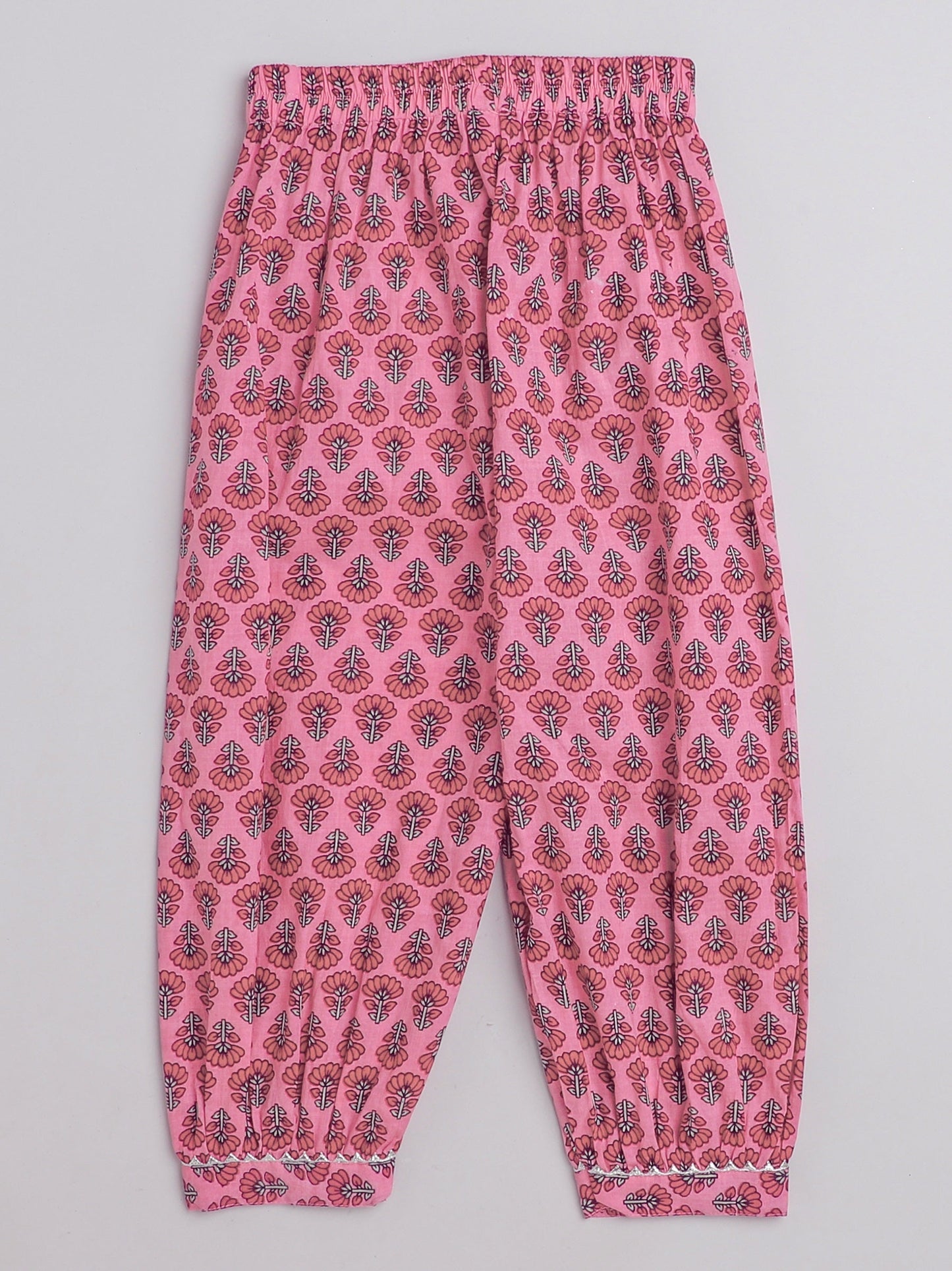 Sleeveless Floral Printed & Gota Lace Embellished Gathered Top With Afghani Pants - Pink