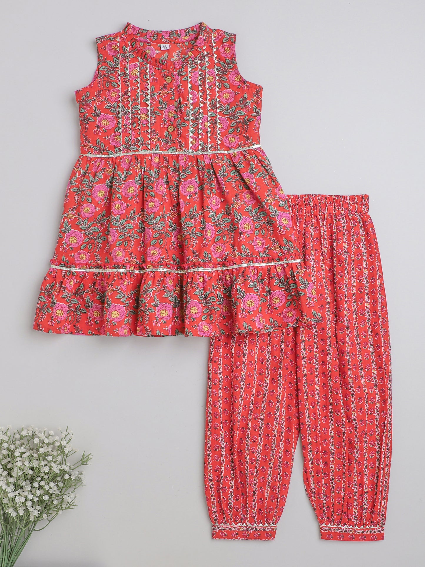 All Over Printed Sleeveless Gathered Top With Afghani Pants For Girls-Red