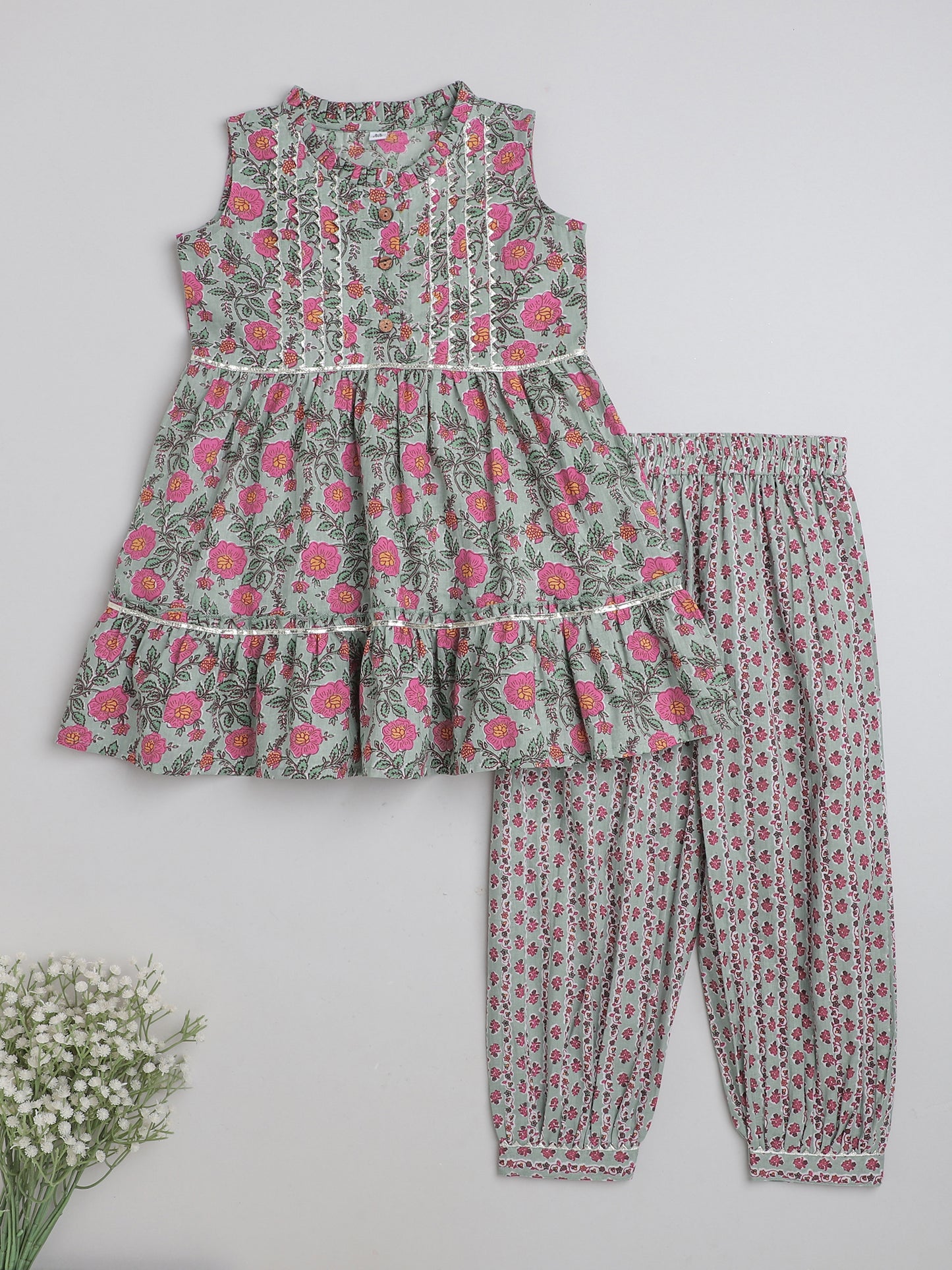 All Over Printed Sleeveless Gathered Top With Afhgani Pants For Girls-Mint