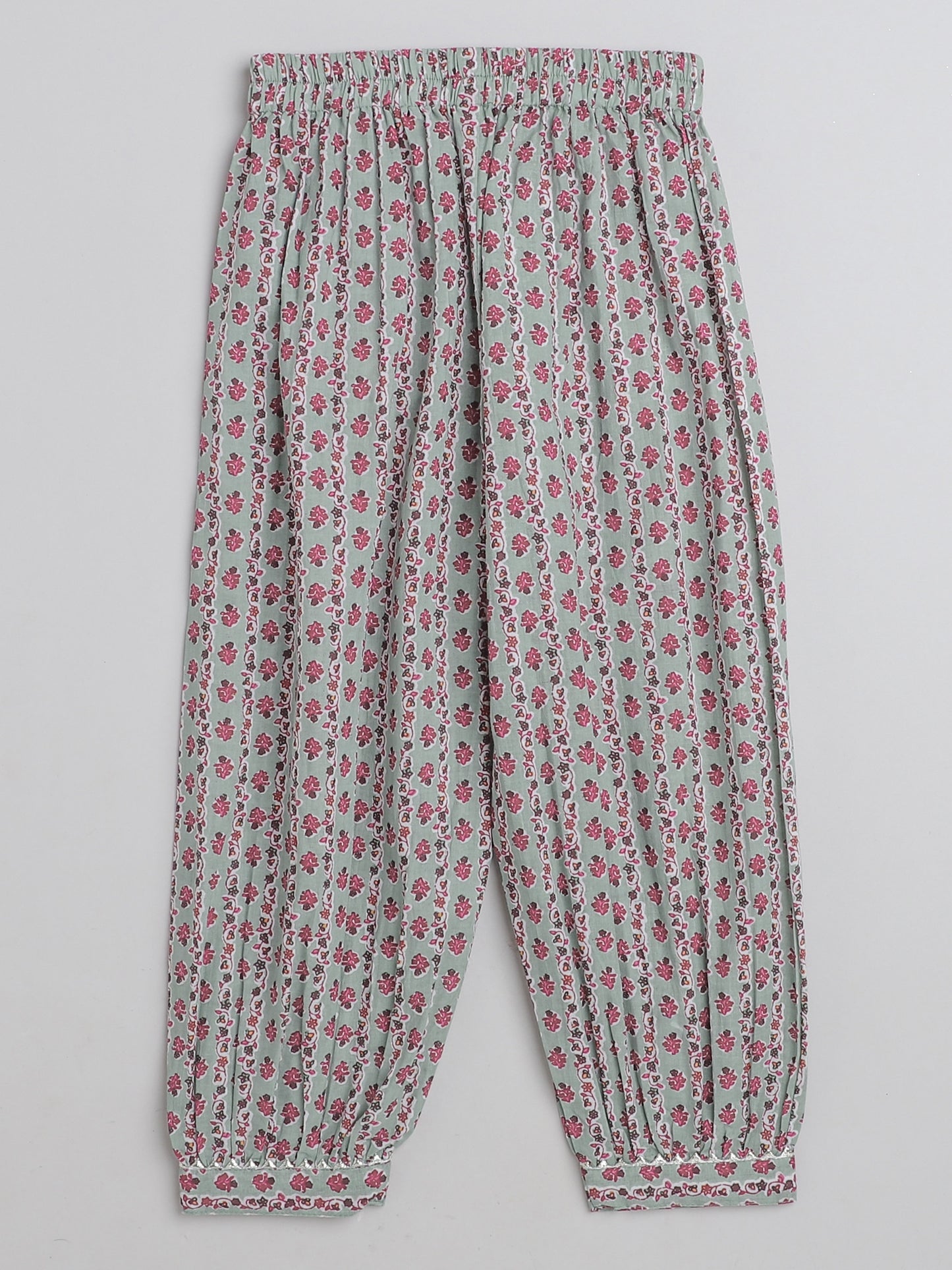 All Over Printed Sleeveless Gathered Top With Afhgani Pants For Girls-Mint