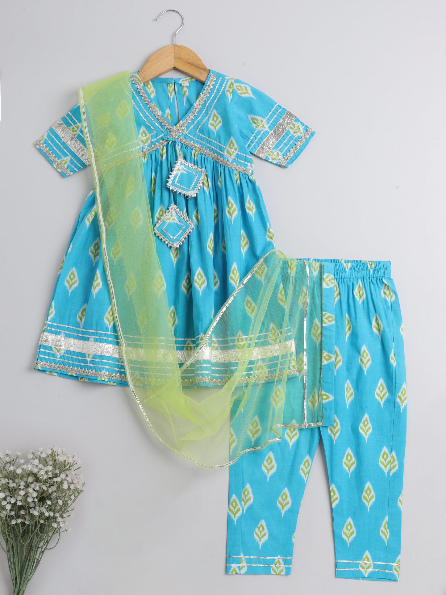 Ikat Printed Short Sleeve Tassled Gathered Aliya Cut Kurta with Straight Pants With Dupatta-Blue