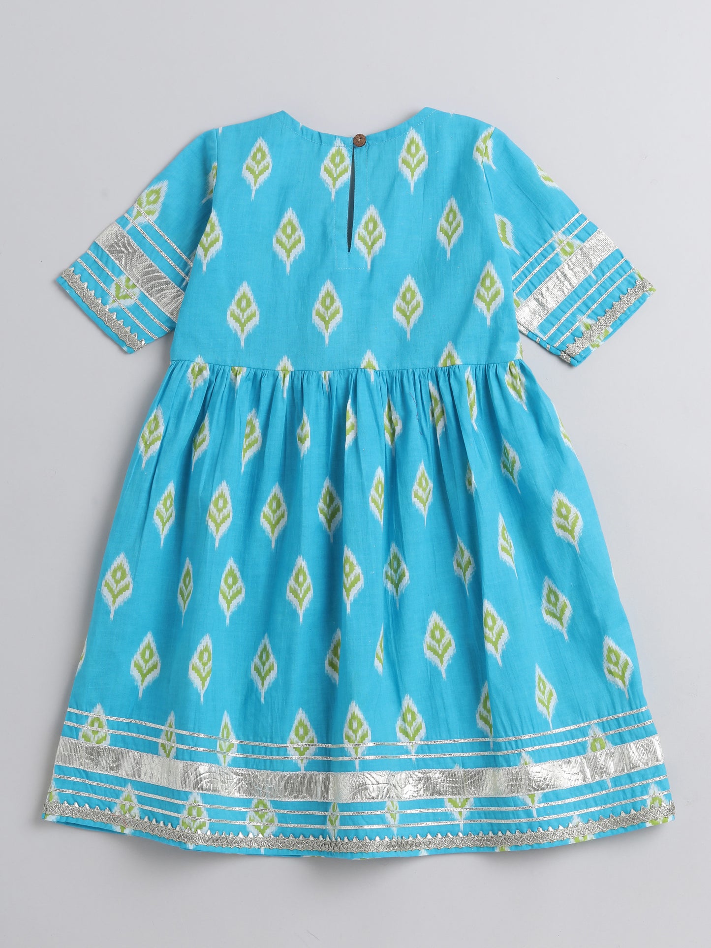 Ikat Printed Short Sleeve Tassled Gathered Aliya Cut Kurta with Straight Pants With Dupatta-Blue