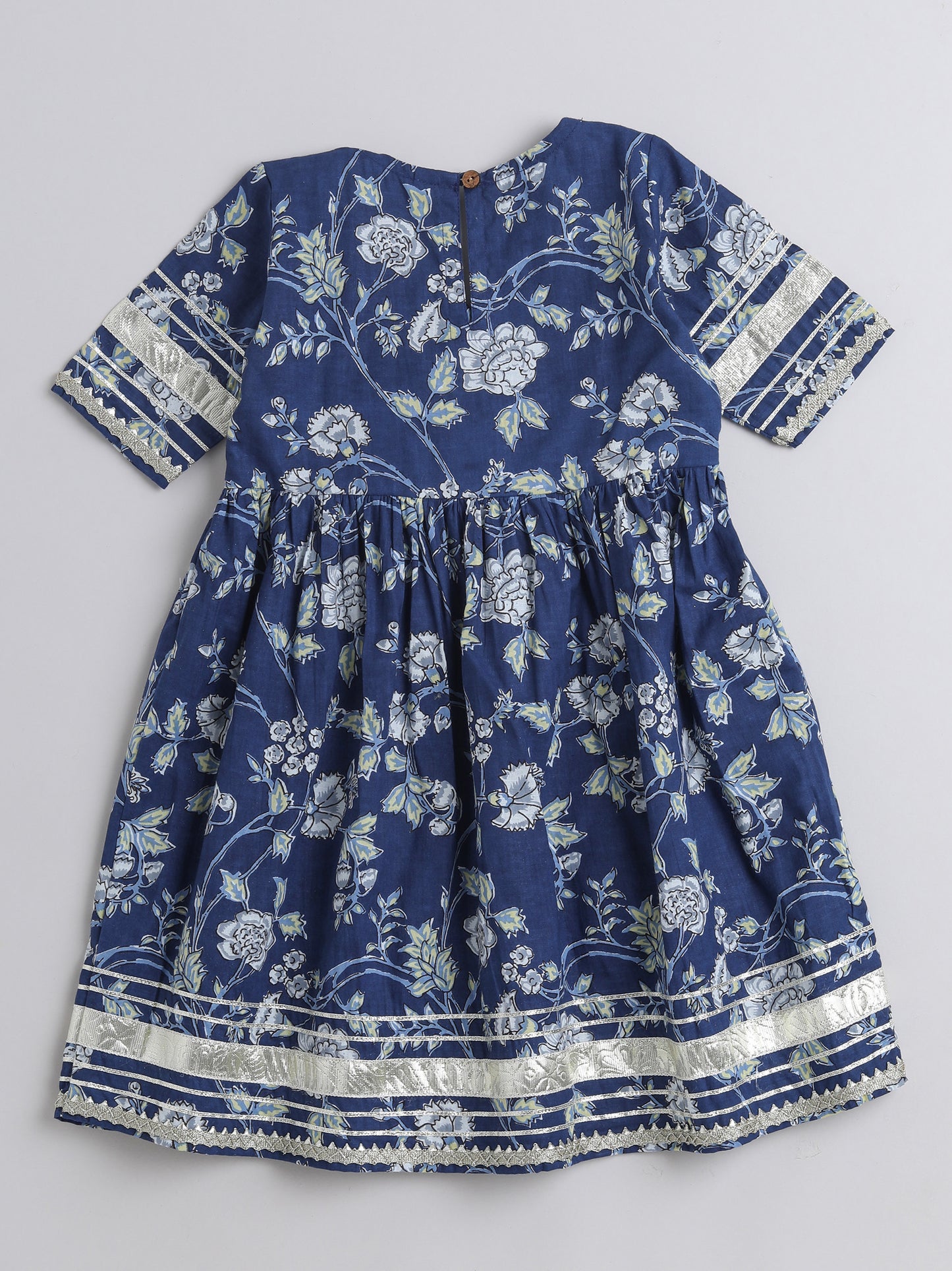 Ikat Printed Short Sleeve Tassled Gathered Aliya Cut Kurta with Straight Pants With Dupatta-Navy