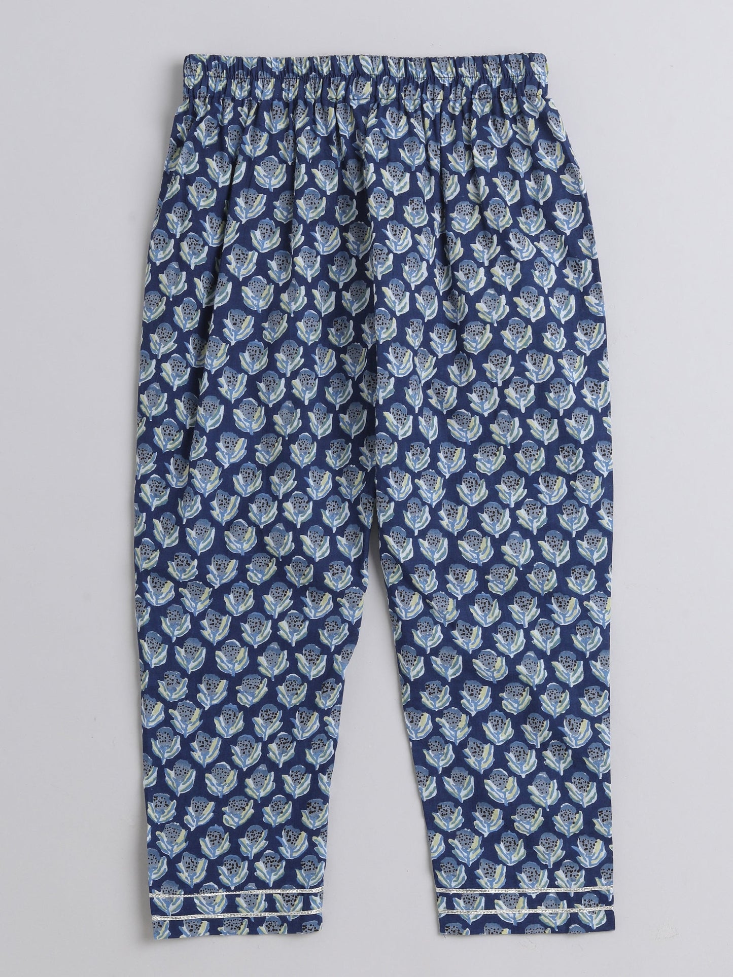 Half Sleeves Seamless Floral Printed & Gota Lace Embellished Kurta & Pant Set - Navy Blue