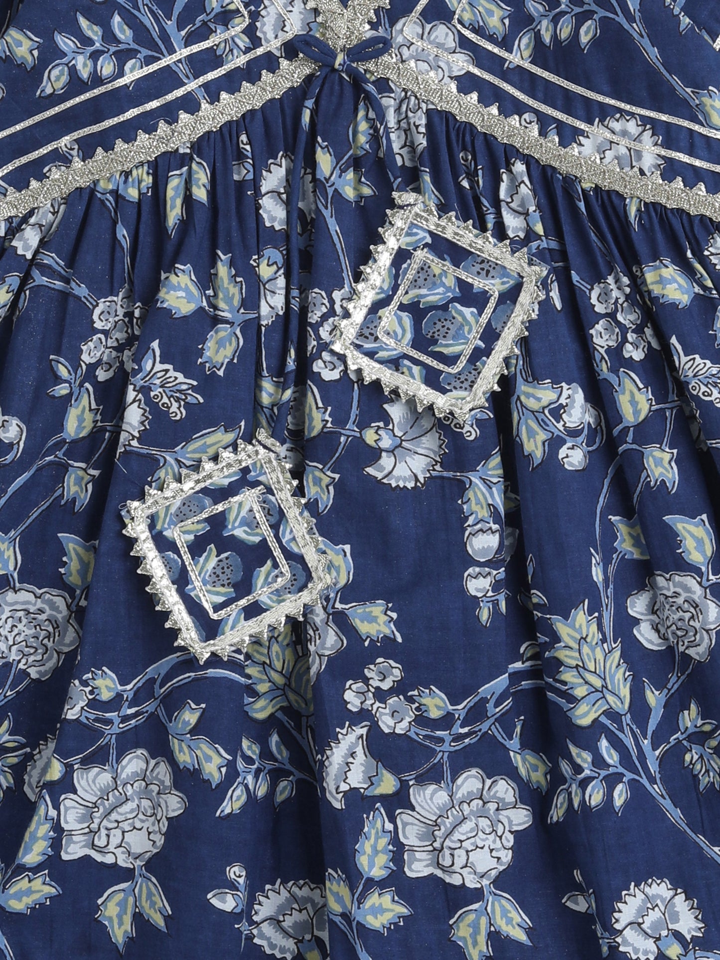 Ikat Printed Short Sleeve Tassled Gathered Aliya Cut Kurta with Straight Pants With Dupatta-Navy