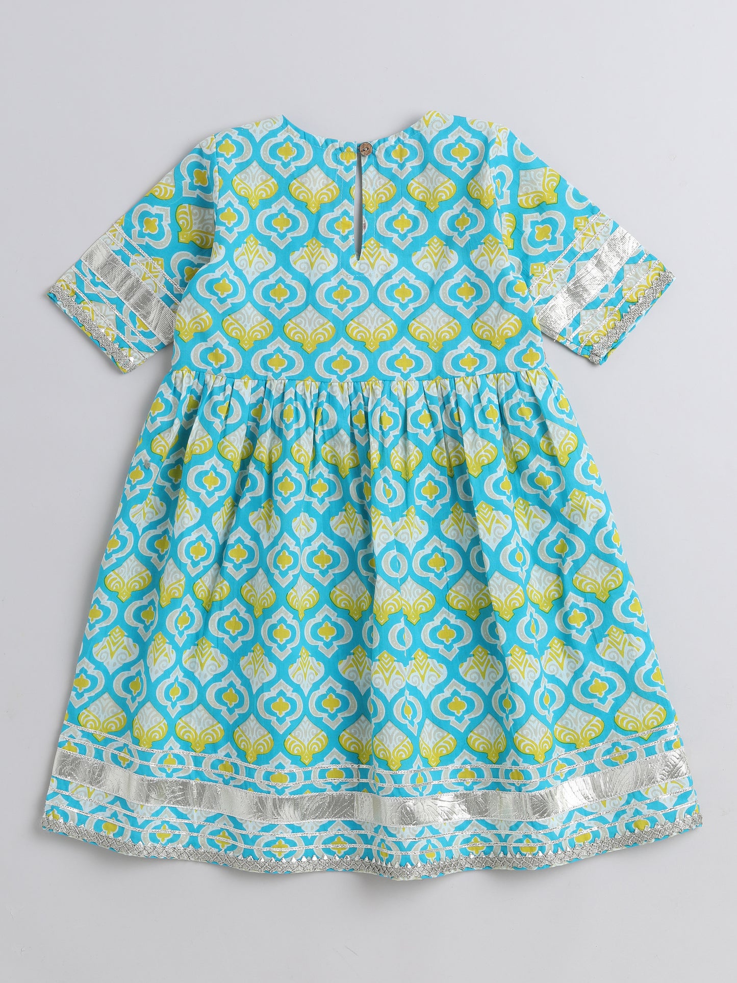 Ikat Printed Short Sleeve Tassled Gathered Aliya Cut Kurta with Straight Pants With Dupatta-Turquoise