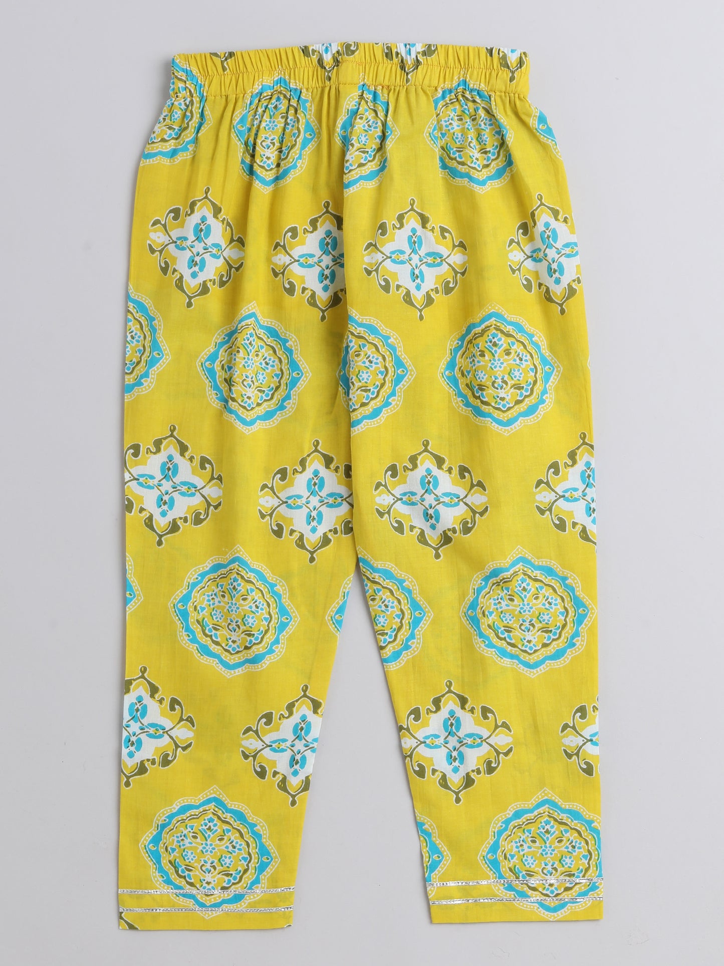 Ikat Printed Short Sleeve Tassled Gathered Aliya Cut Kurta with Straight Pants With Dupatta-Turquoise